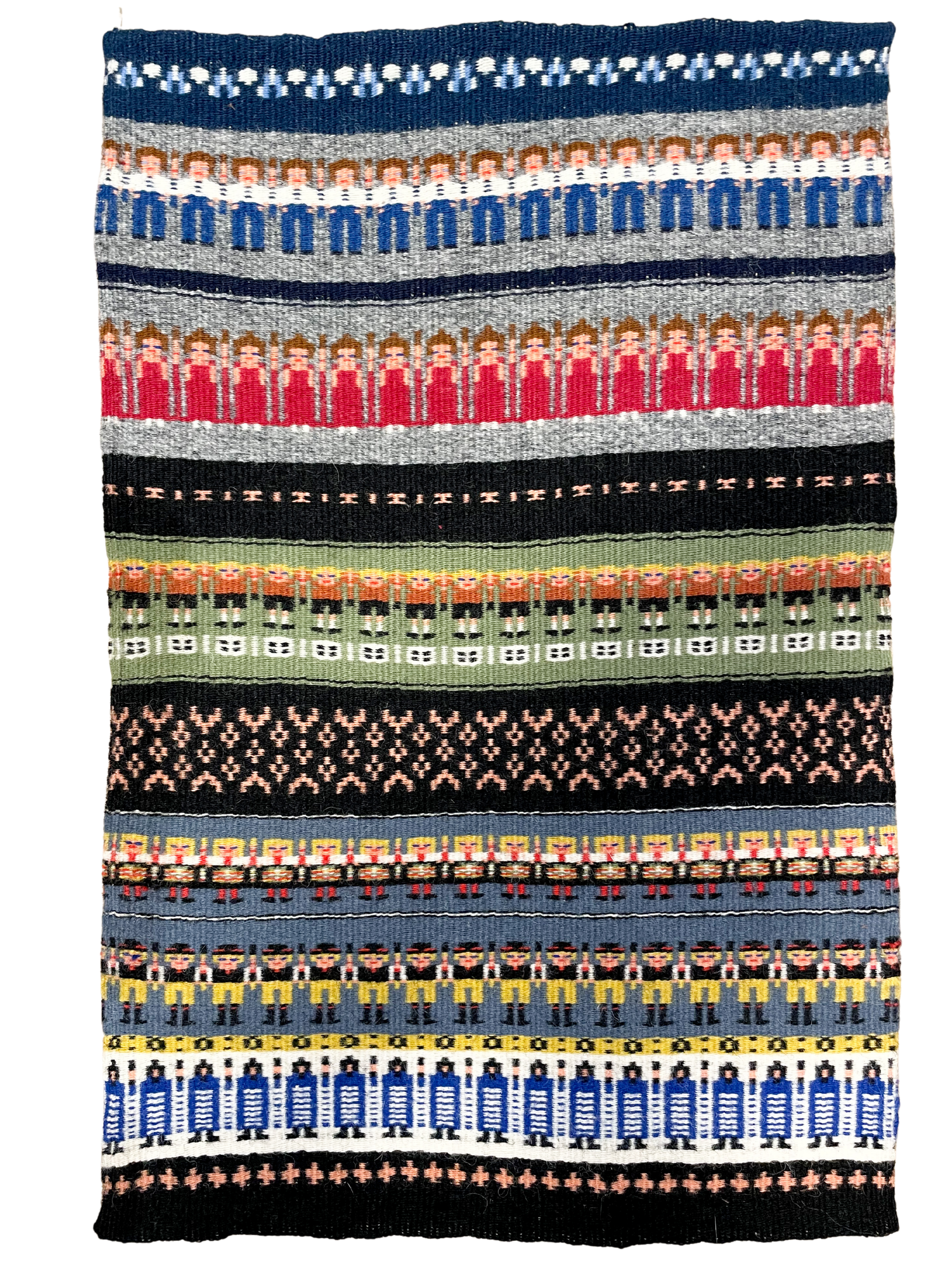 Vintage mid-century Swedish handwoven woollen wall-hanging tapestry in Gubbaväv or Rosengång design with national dress, footballers and soldiers - Moppet