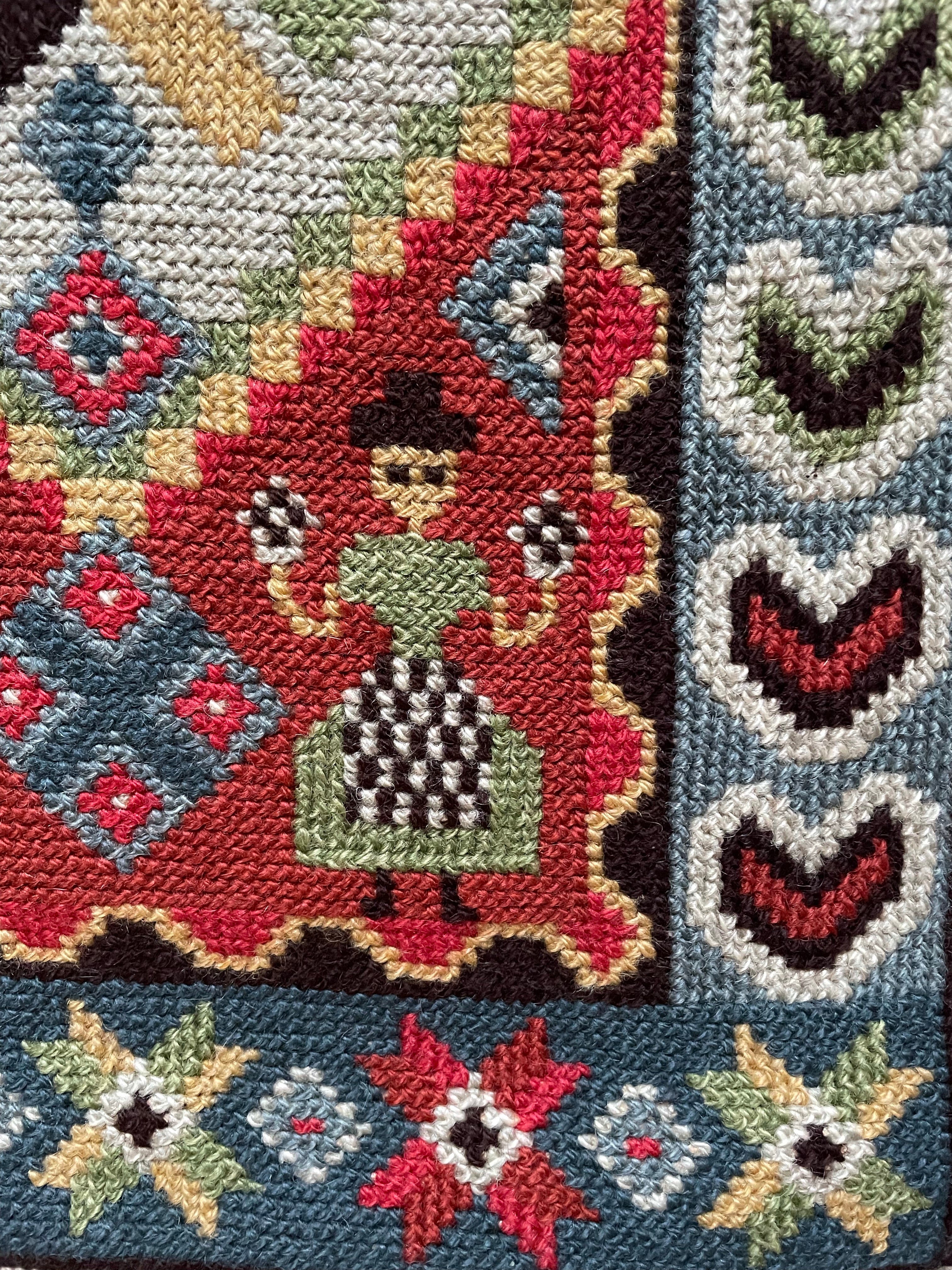Vintage mid-century Swedish wall-hanging tapestry in geometric design with girls, hand woven Flemish weave twist stitch - Moppet