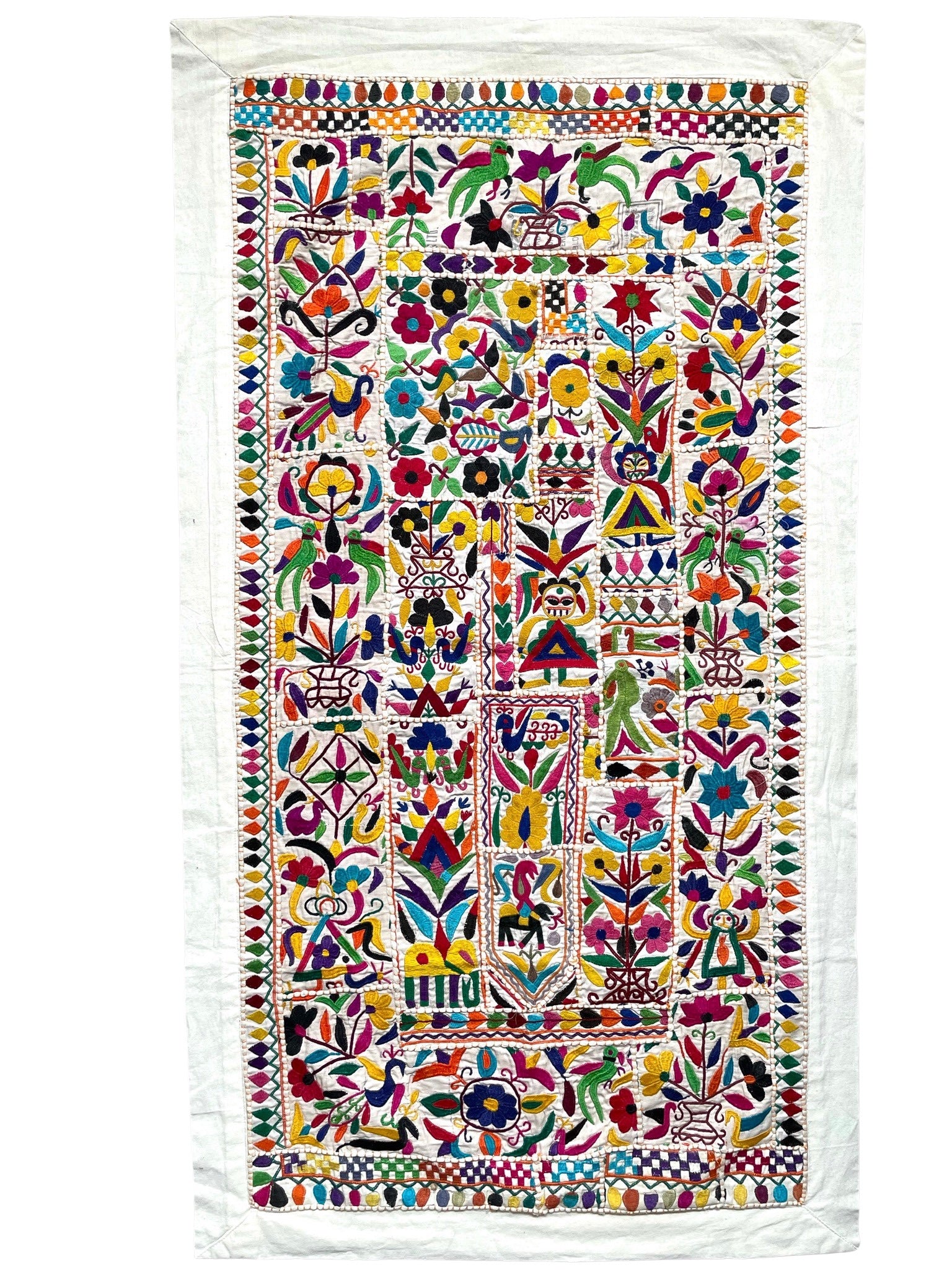 Vintage hand-embroidered Mexican Otomi wall hanging tapestry - Moppet