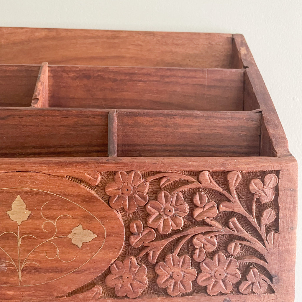 Vintage wooden Indian hand-carved letter rack or desk tidy - Moppet