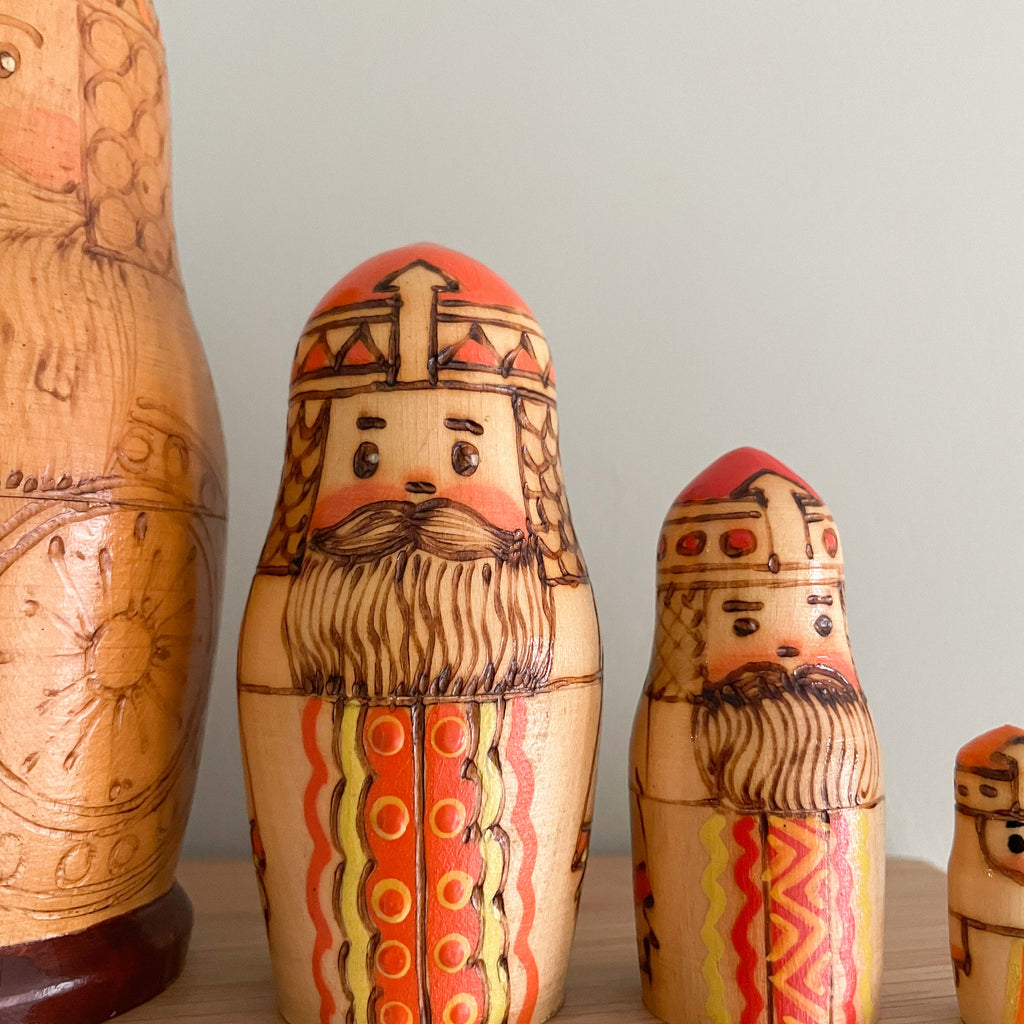 Vintage 1970s wooden nesting warrior Russian Matryoshka dolls, made in the USSR - Moppet