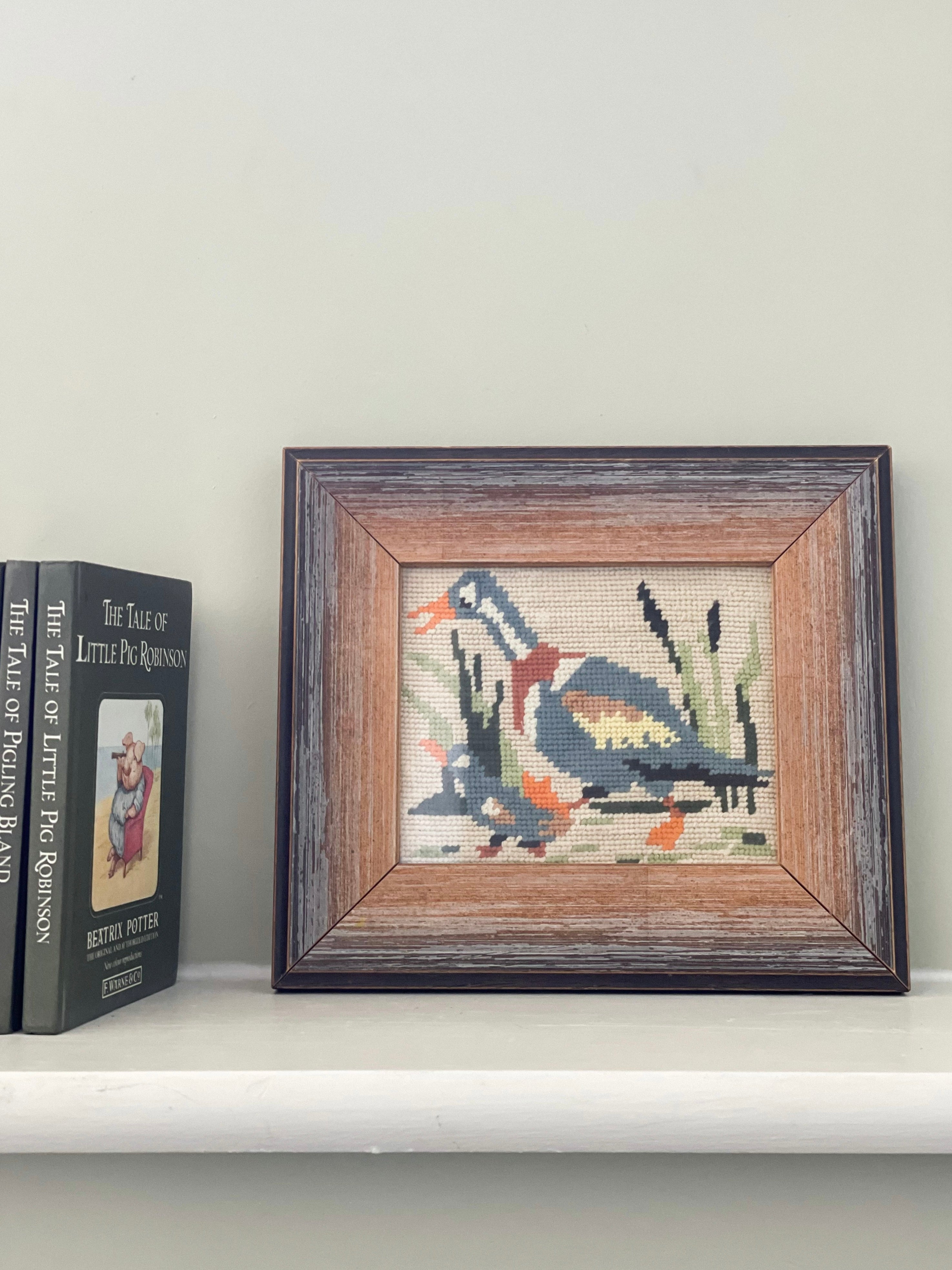 Vintage framed cross stitch embroidery of a mother duck and duckling - Moppet