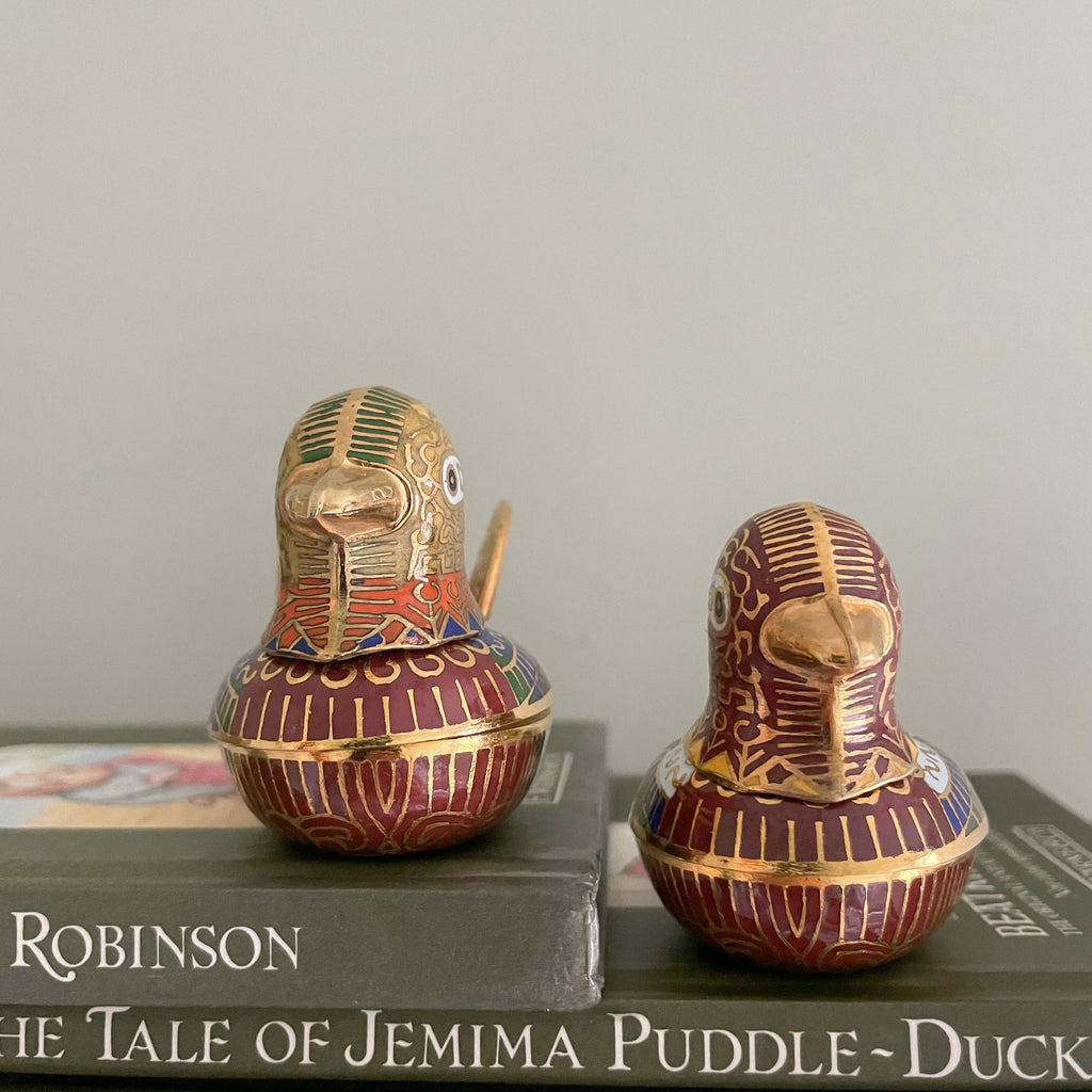 Vintage Chinese brass and enamel cloisonné bird or duck trinket box pair - Moppet