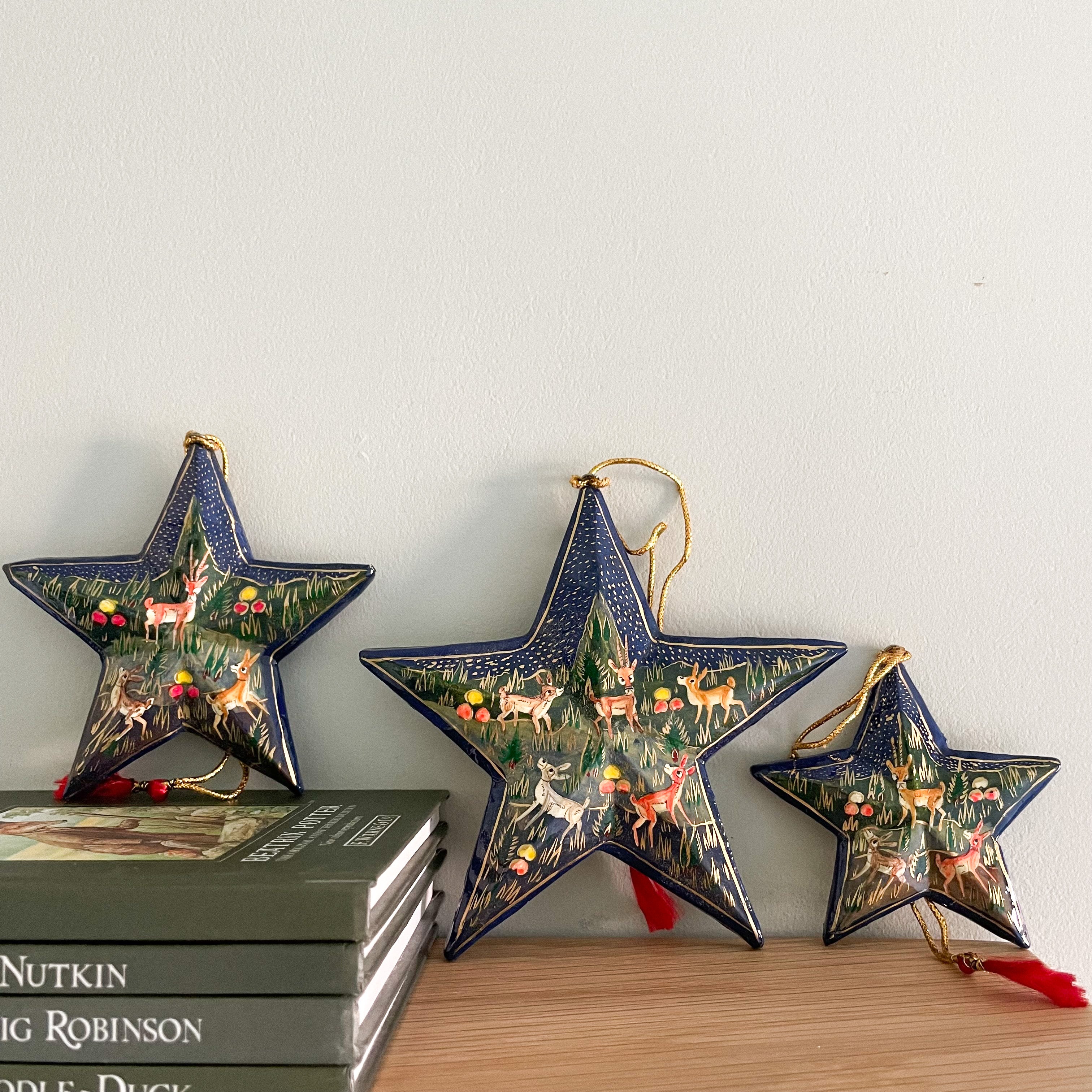 Kashmiri hand-painted folk art papier maché lacquered hanging star set with jungle animals design - Moppet