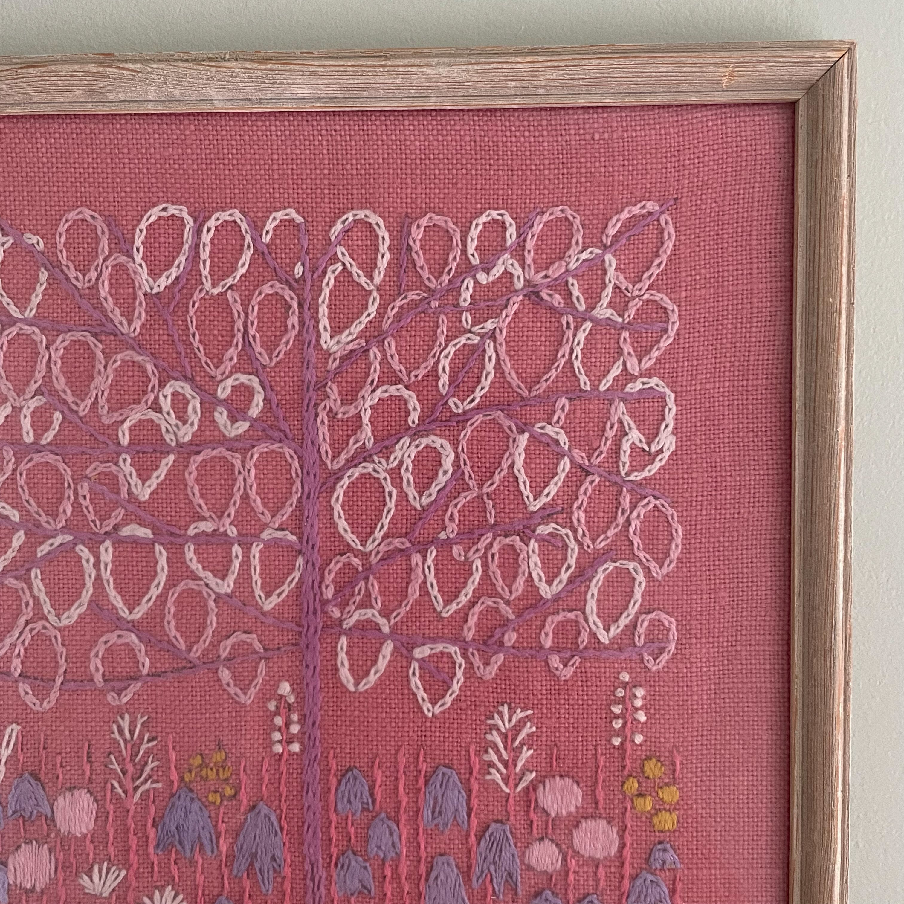 Vintage Swedish framed embroidery or needlework of a tree and flowers in pinks and lilacs - Moppet