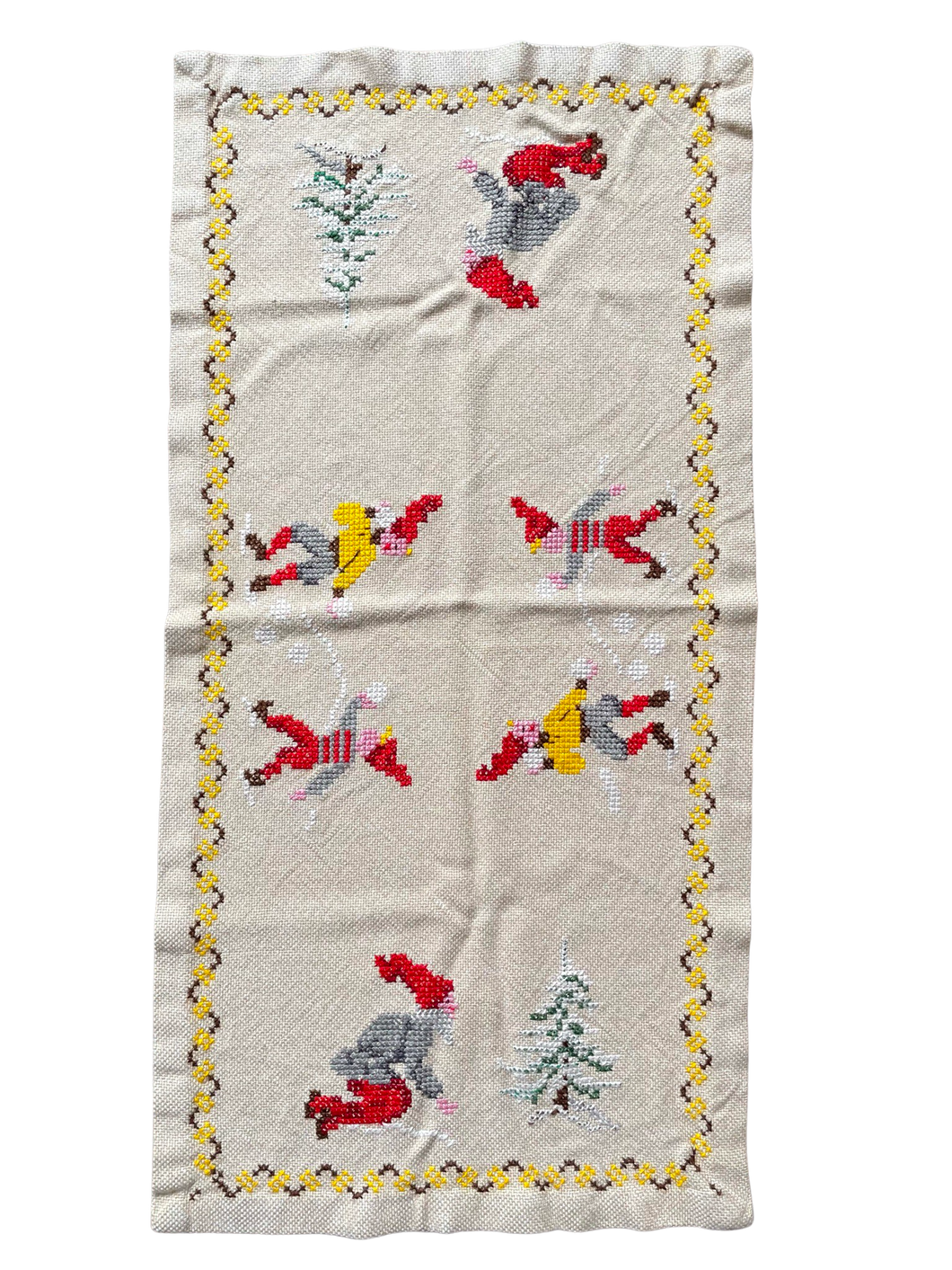 Vintage midcentury Swedish Christmas hand-embroidered table cloth or runner featuring elves having a snowball fight - Moppet