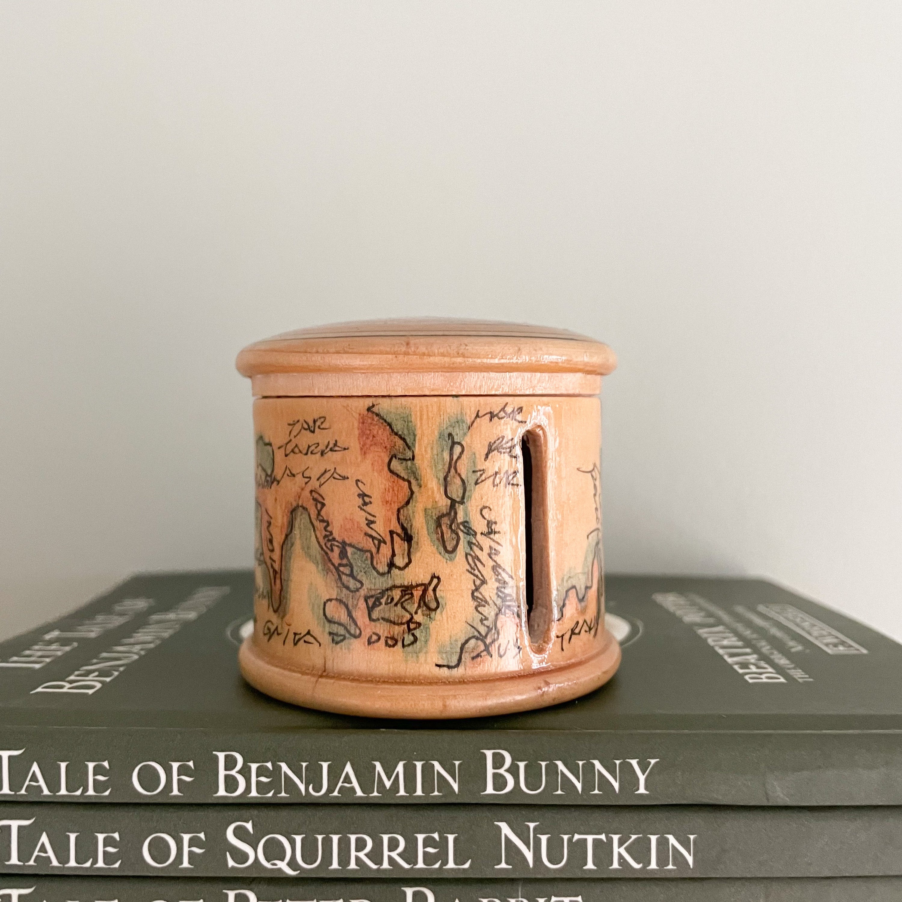 Vintage bamboo money box / piggy bank with hand-painted ship design - Moppet