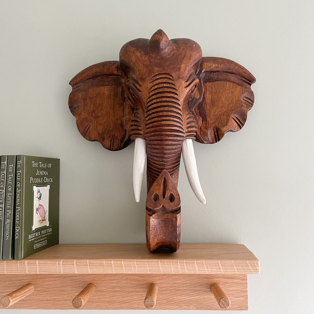 Vintage wooden hand-carved elephant head – African wall art - Moppet