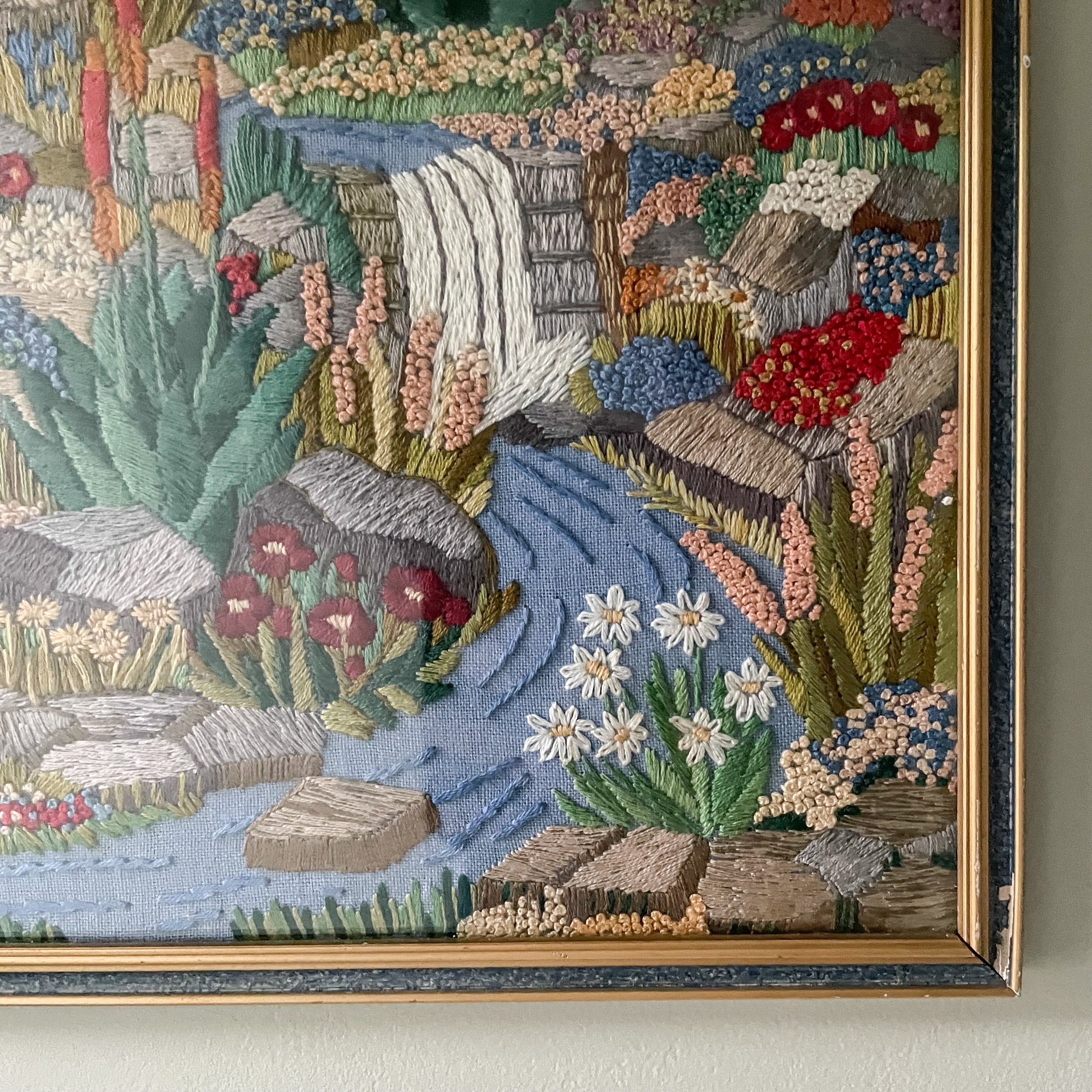 Vintage 1960s handmade embroidery of a garden with lake, stream and waterfall - Moppet