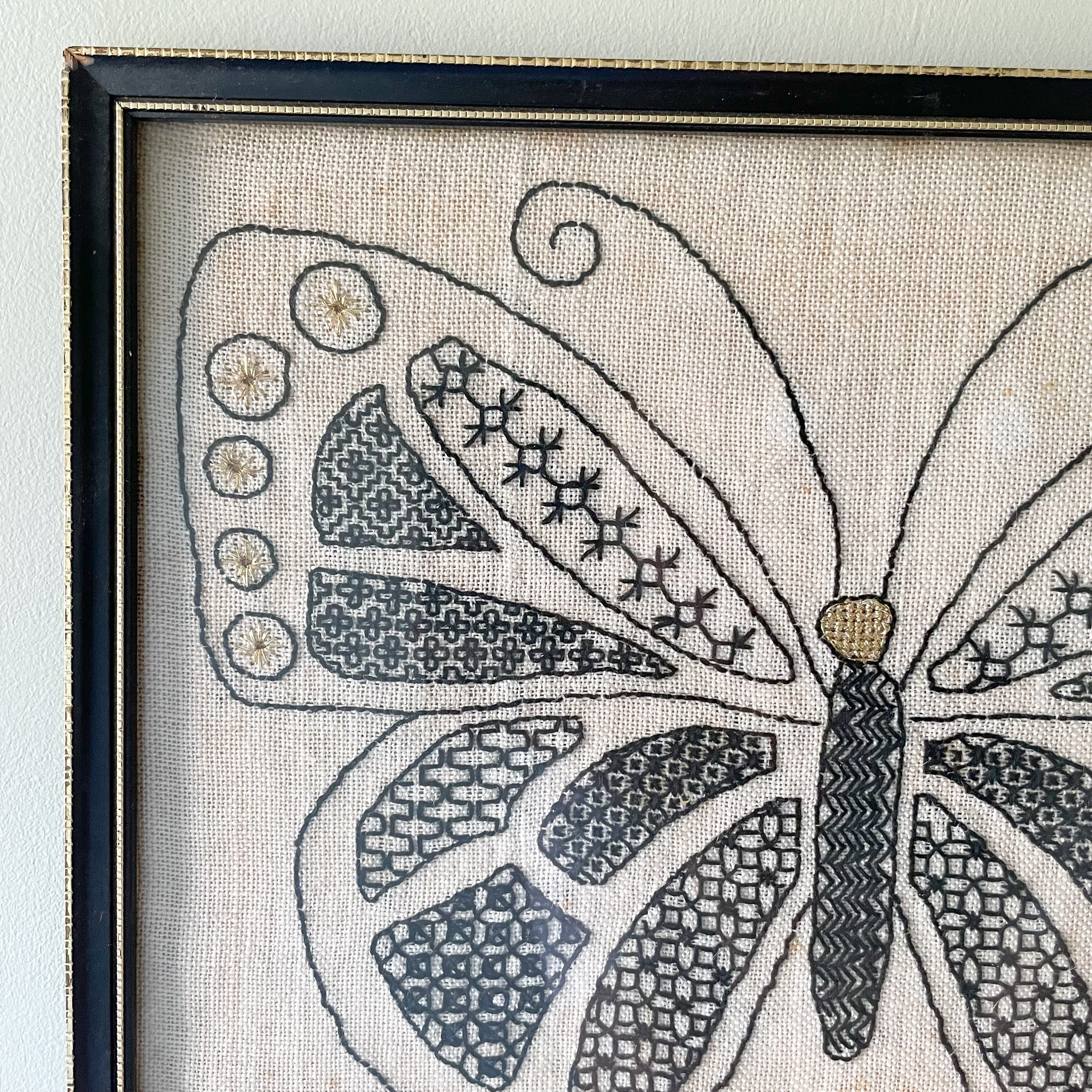 Pair of vintage Swedish framed monochrome embroideries in black and white, toadstools/mushrooms and butterfly - Moppet