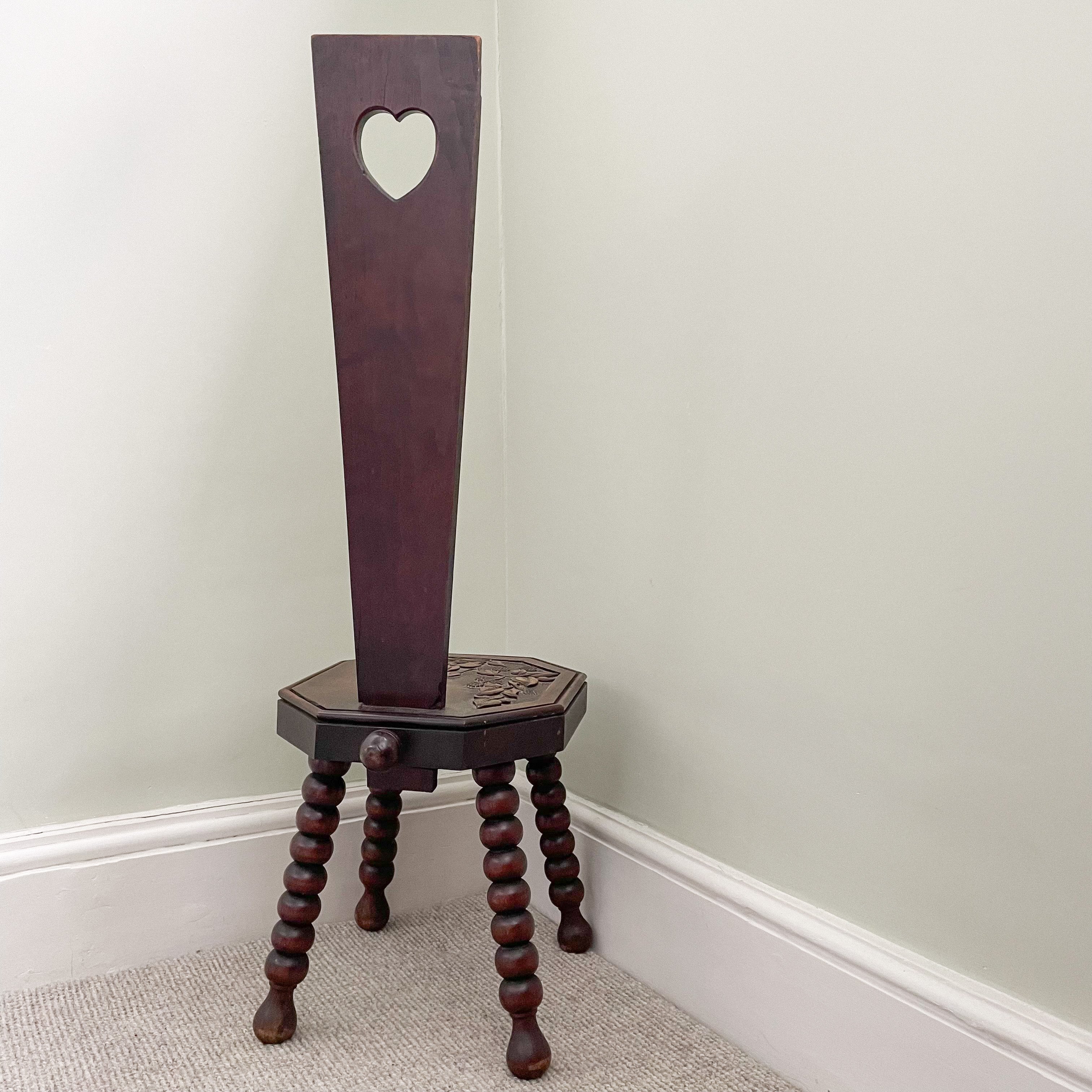 Vintage hand-carved wooden spinning chair or ‘Welsh love seat’ with bobbin-turned legs - Moppet