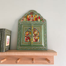 Load image into Gallery viewer, Vintage Moroccan green and gold hand painted arched window mirror with doors - Moppet
