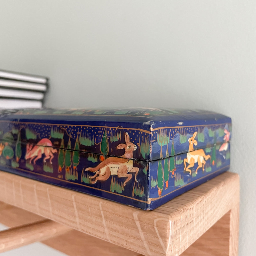 Vintage Kashmiri folk art papier maché trinket box with jungle animals design - Moppet