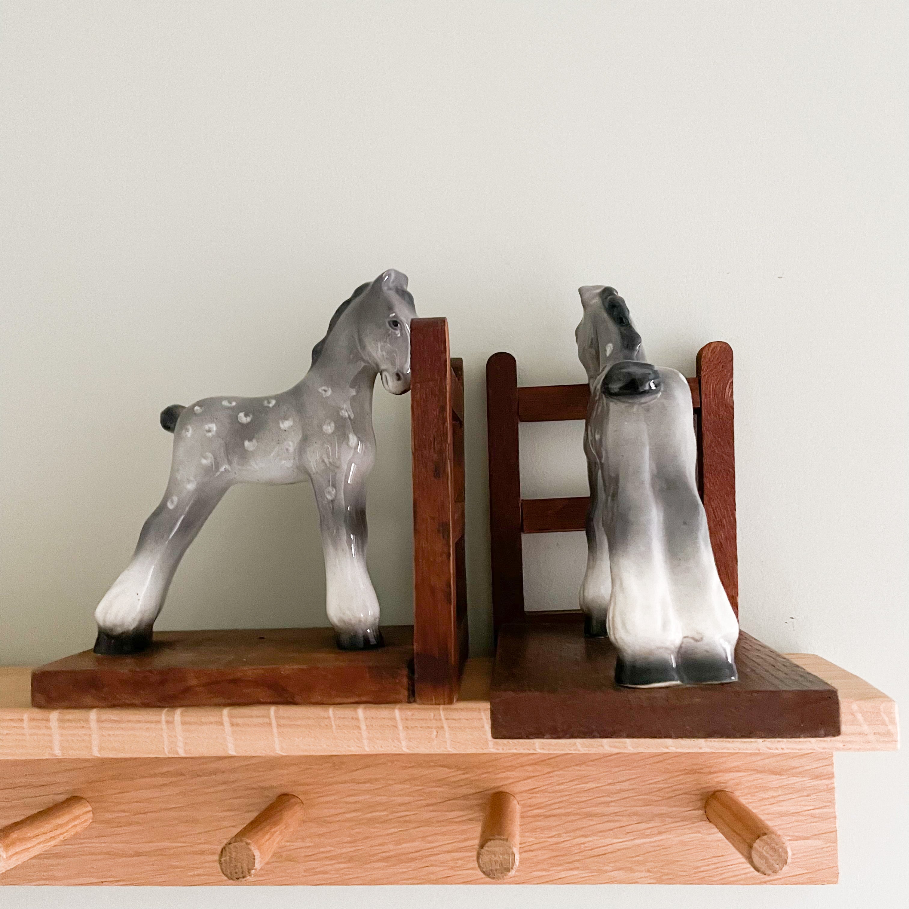 Pair of rare vintage 1960s ceramic china and wooden grey spotty pony/horse/foal bookends - Moppet