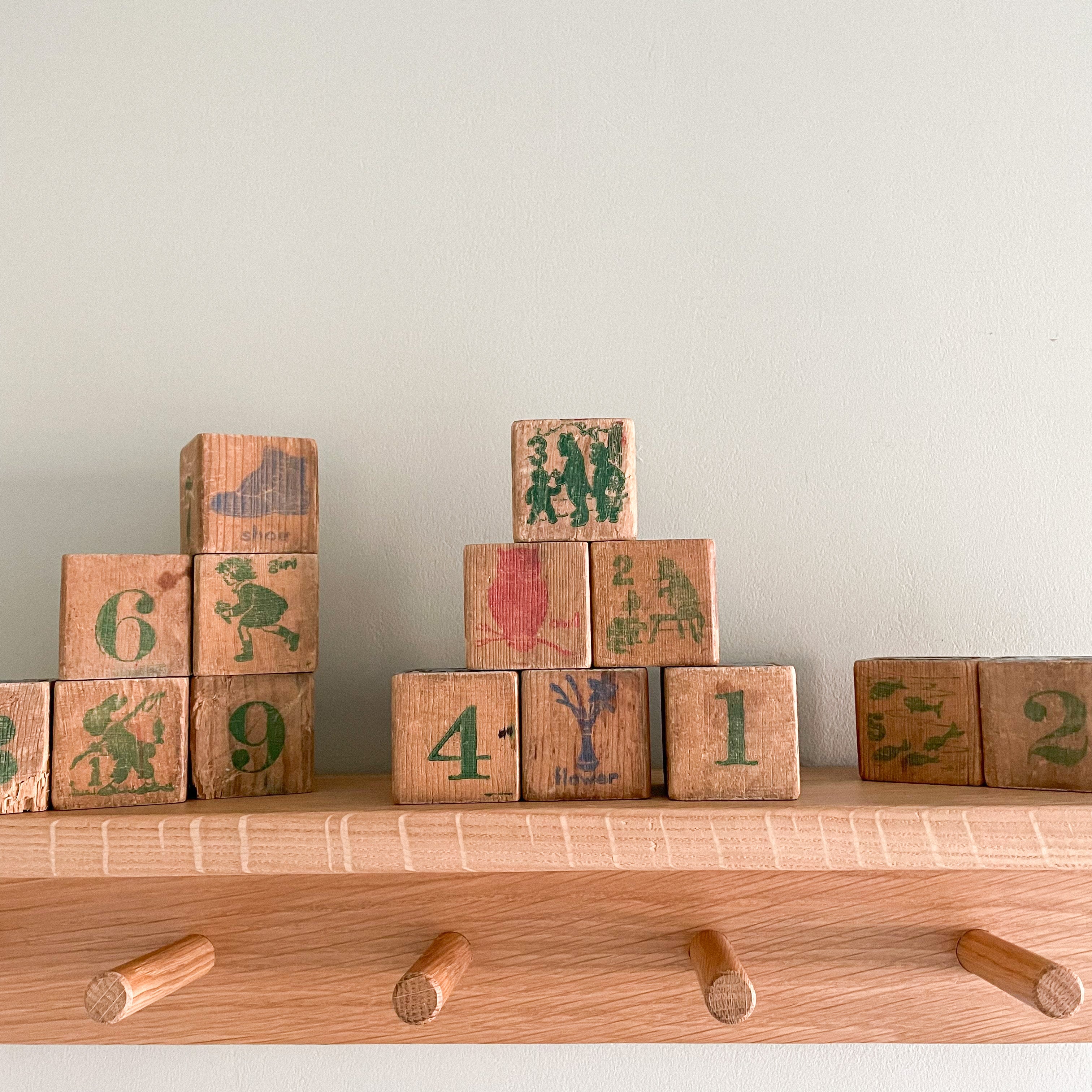 Vintage 1950s wooden stacking alphabet picture number building blocks - Moppet