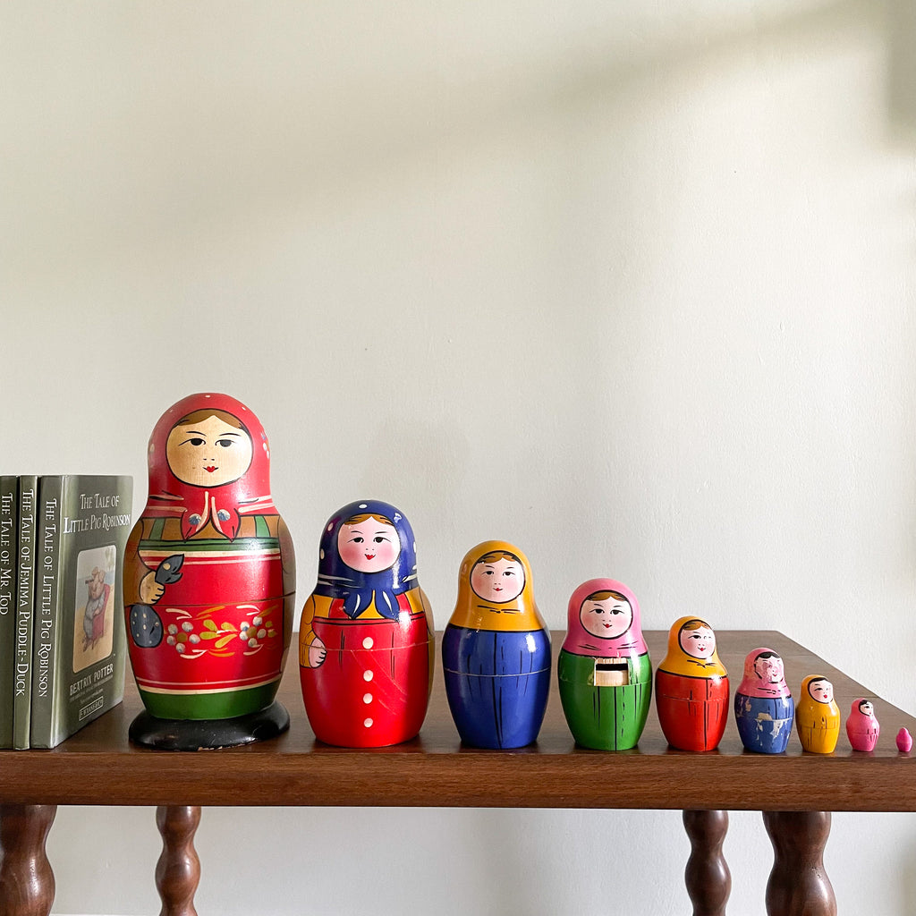 Vintage wooden nesting Russian Matryoshka dolls in rainbow colours - Moppet
