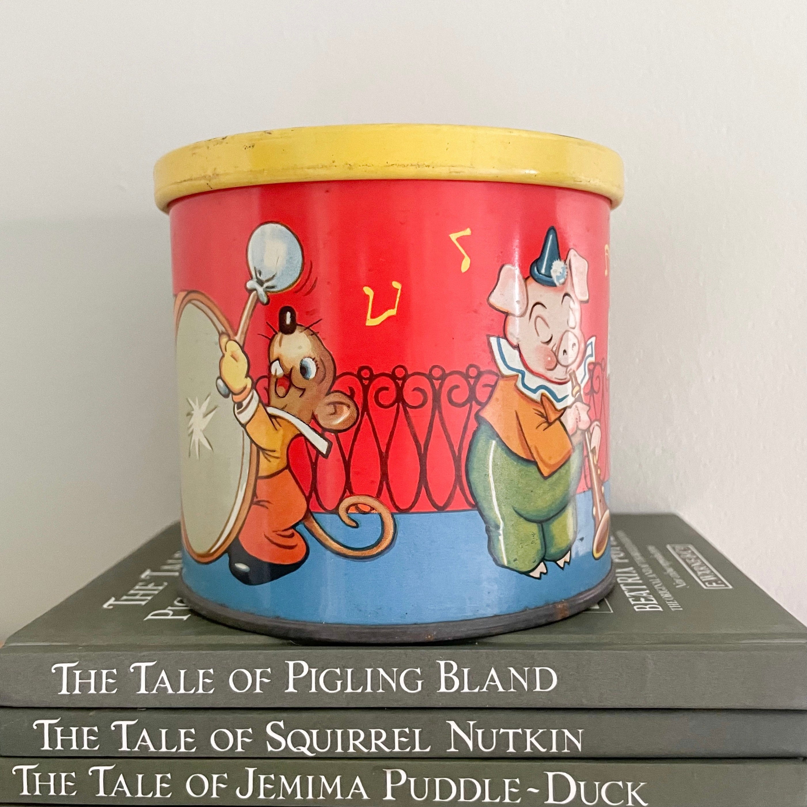 Vintage 1960s children’s tin featuring a musical band of animals, by Blue Bird Toffee - Moppet