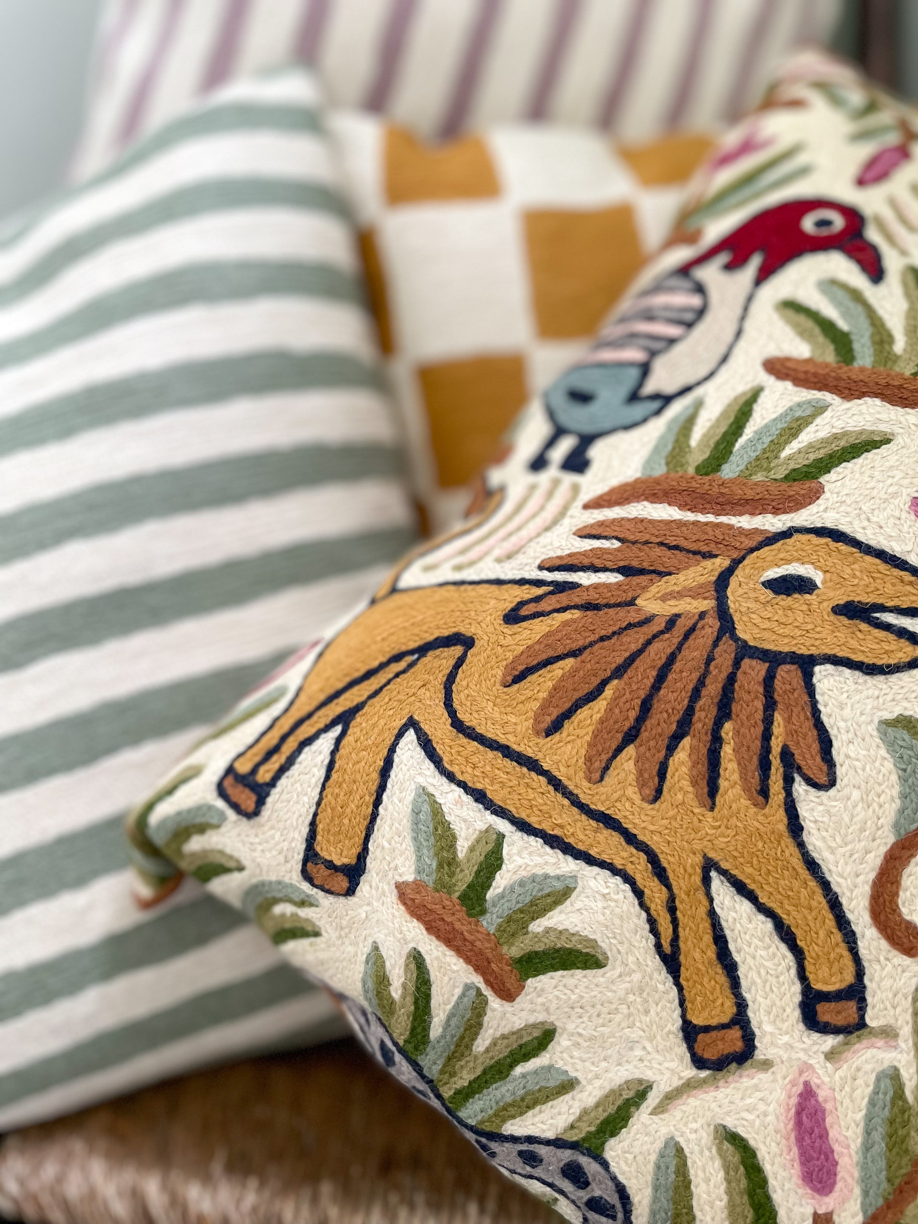 *NEW* Handmade crewel embroidered cushion cover | Kolahoi jungle safari - Moppet