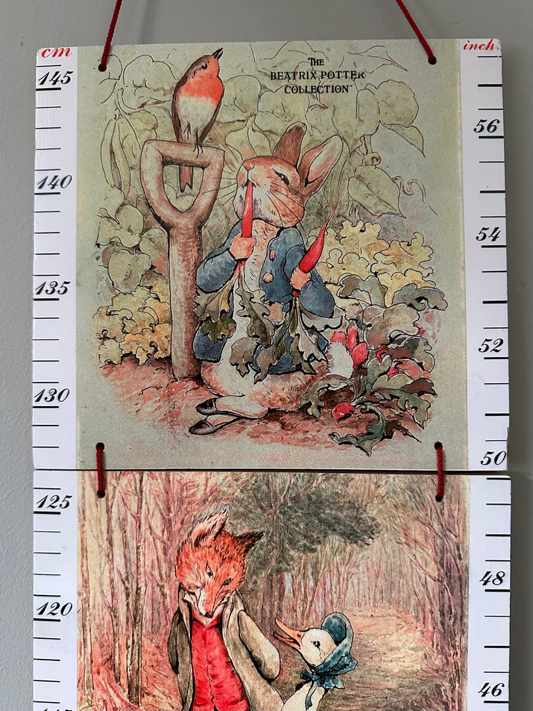 Vintage Beatrix Potter wooden height chart / growth chart / measuring stick, feat. Peter Rabbit, Jemima Puddle Duck, by Italian toy brand Sevi 1831 - Moppet
