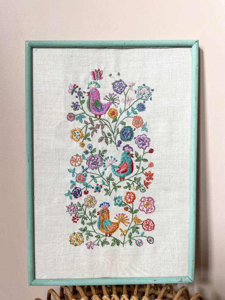 Vintage framed embroidery of multi-coloured birds and flowers with turquoise painted wooden frame - Moppet