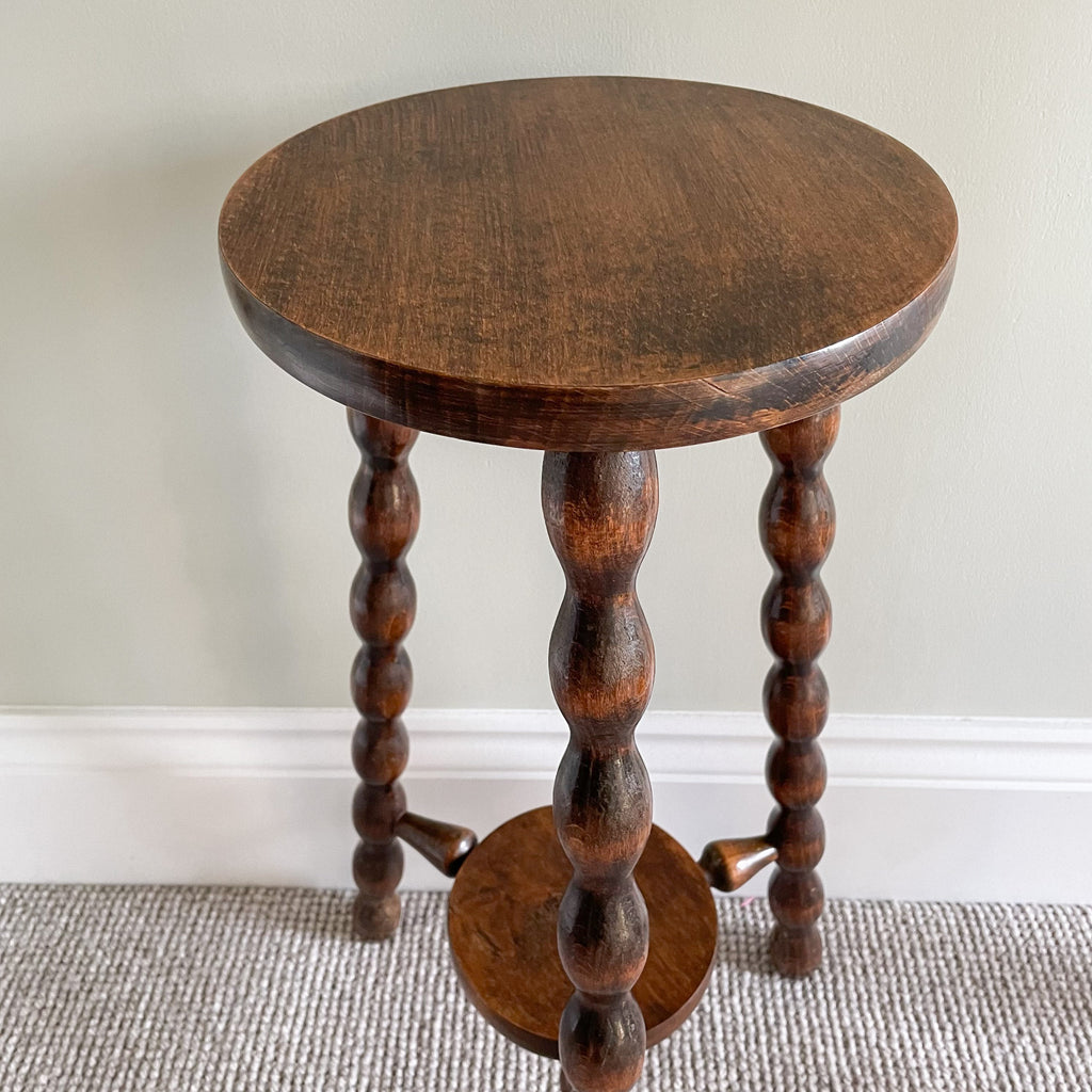 Vintage wooden French oak bobbin legged side table or high stool - Moppet