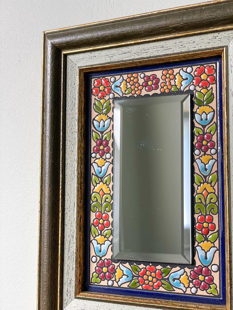 Vintage handmade Spanish Cearco ceramic, enamelled and wood-framed floral mirror - Moppet