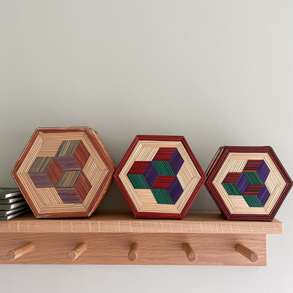 Vintage Chinese hexagonal straw inlaid nesting boxes - Moppet