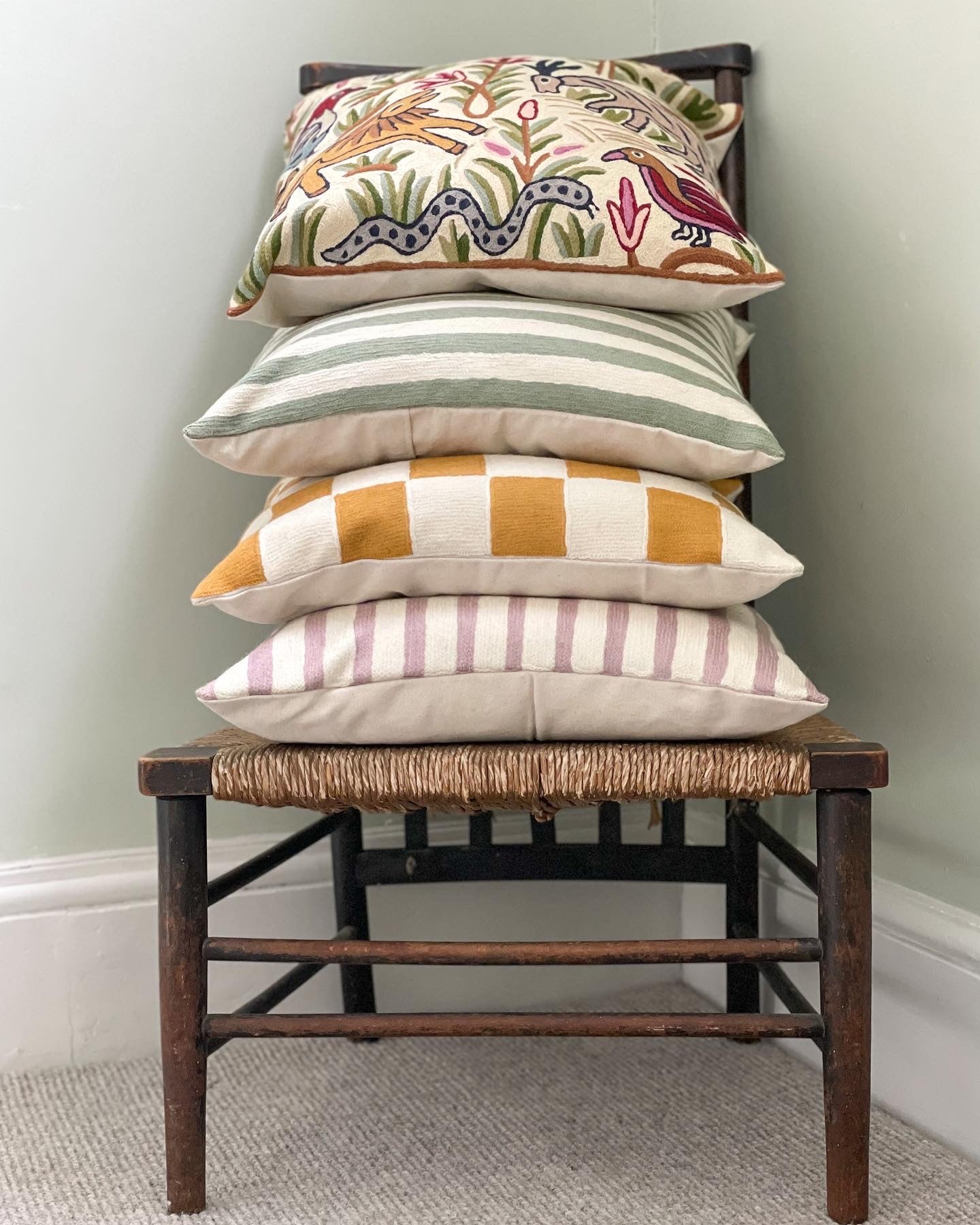 *NEW* Handmade crewel embroidered cushion cover | sage green stripe - Moppet