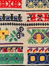 Load image into Gallery viewer, Vintage hand-woven and embroidered alphabet wall-hanging tapestry in rainbow colours - Moppet
