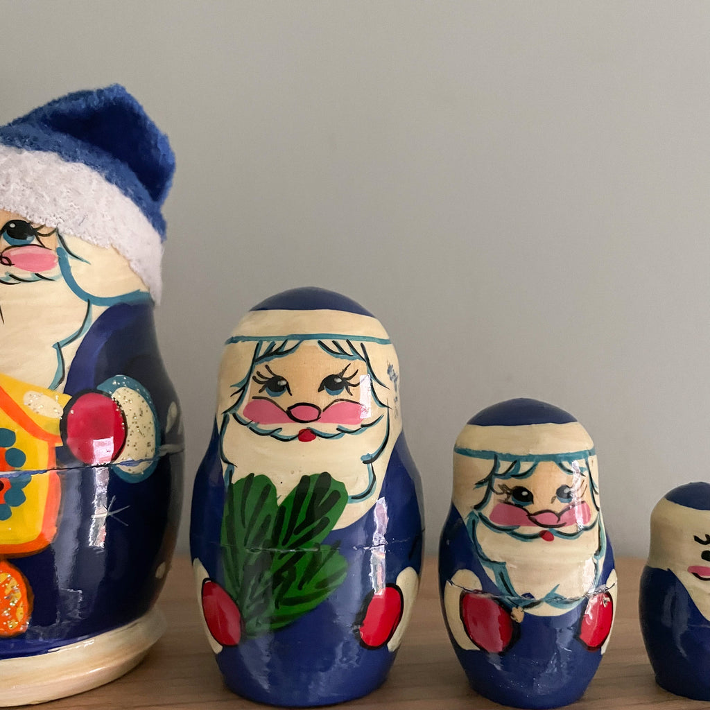Vintage wooden Father Christmas Santa nesting Russian Matryoshka dolls in blue - Moppet