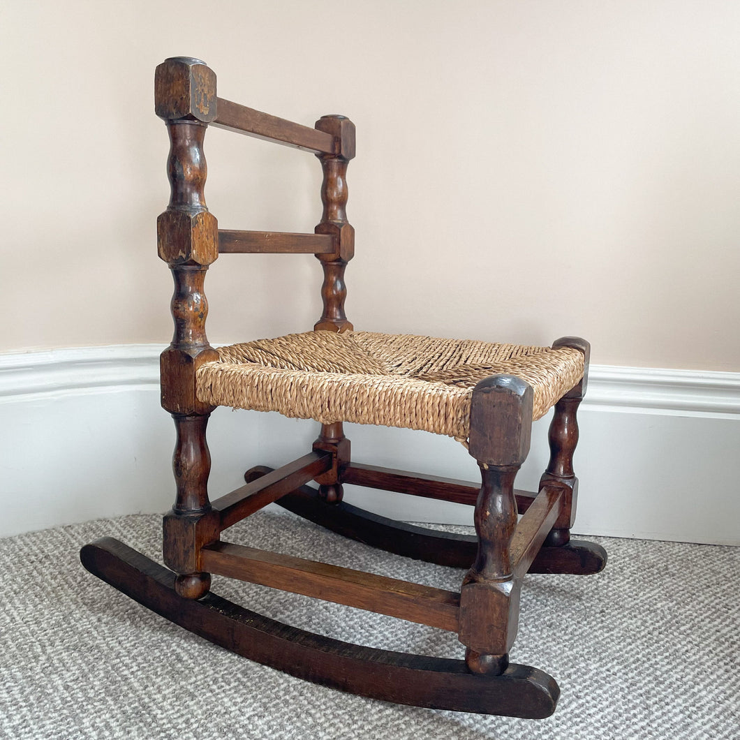 Vintage 1950s children’s rocking chair with rush rope seat - Moppet