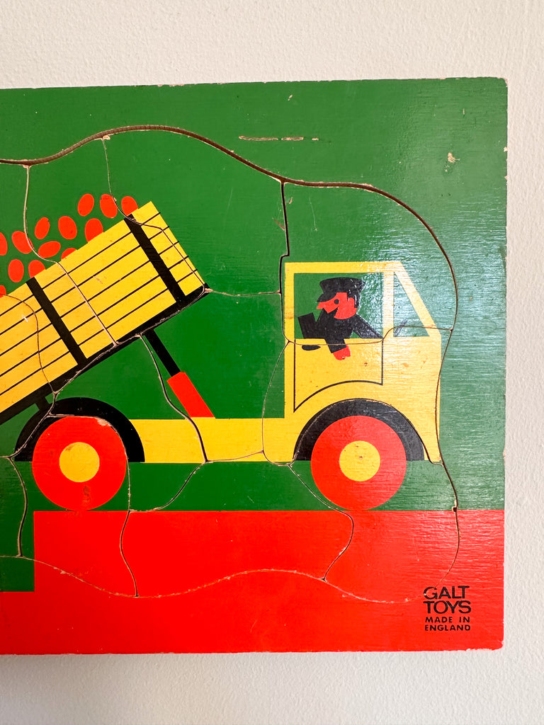 Vintage wooden lorry jigsaw puzzle, green, red and yellow, made in England by GALT - Moppet