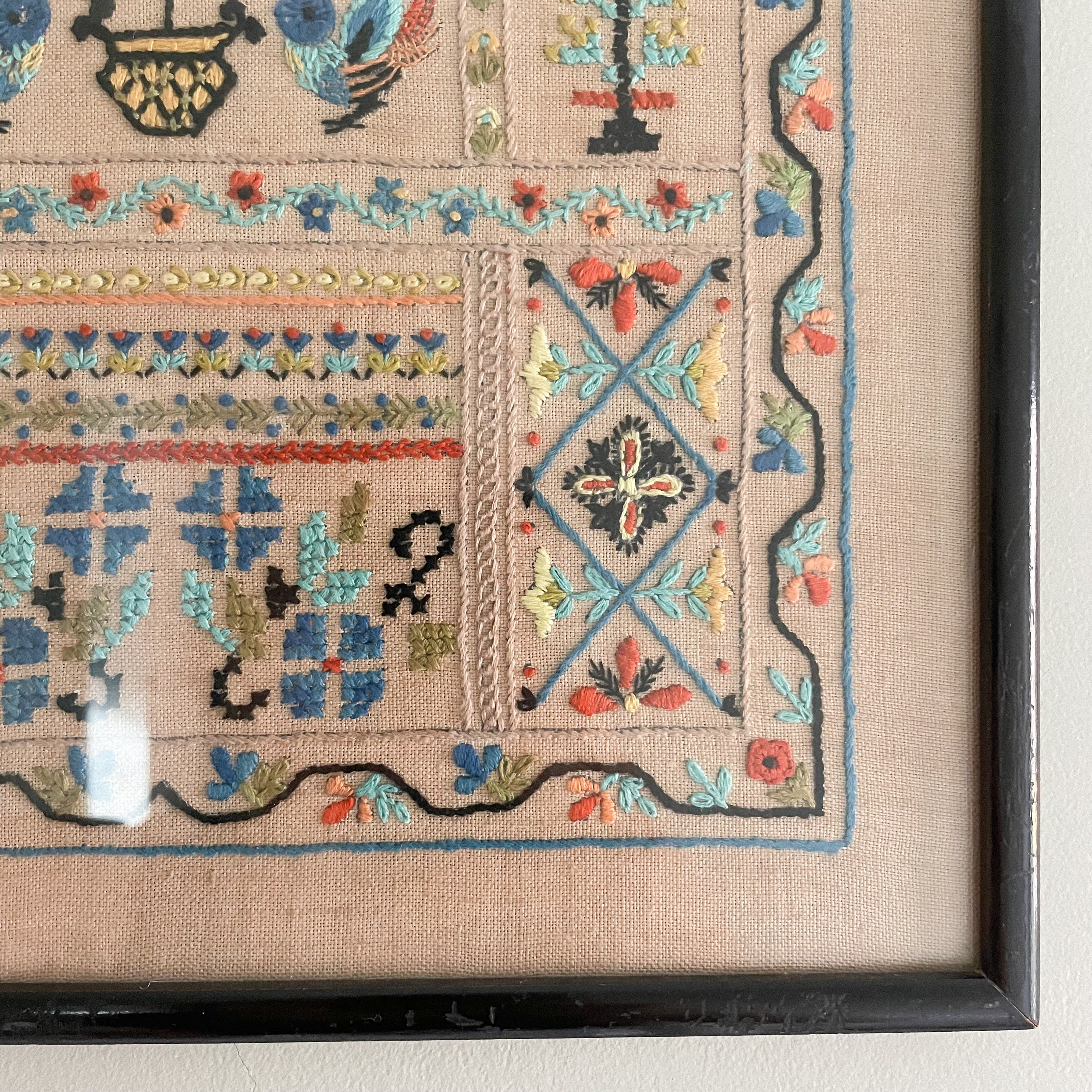 Vintage 1950s framed children's embroidery or needlework alphabet sampler - Moppet