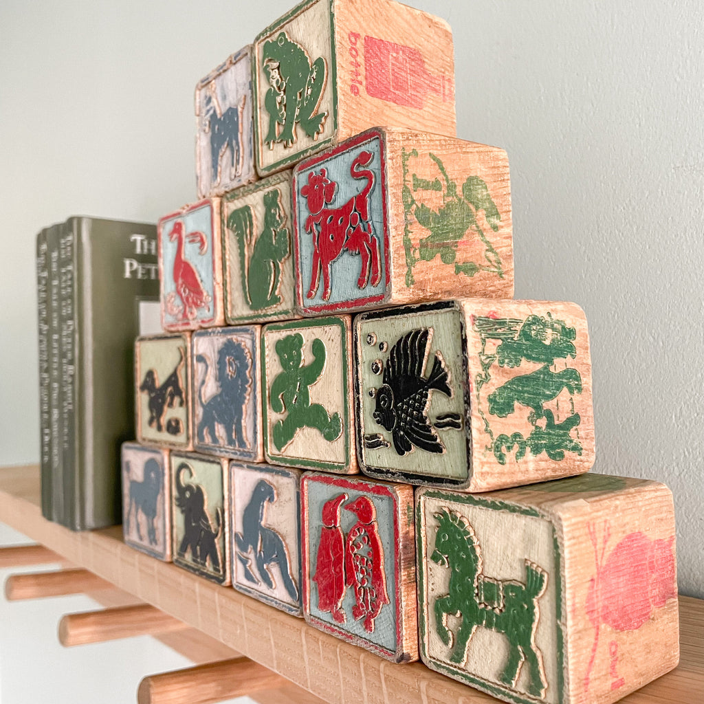 Vintage 1950s wooden stacking alphabet picture number building blocks - Moppet
