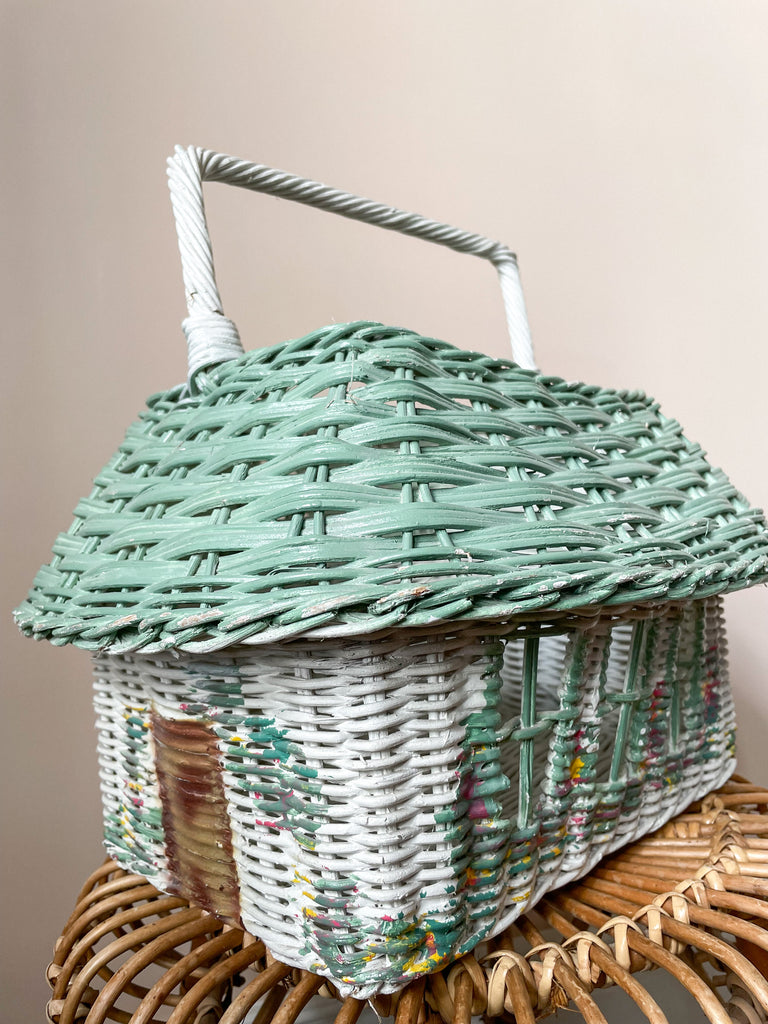 Large vintage 1950s painted wicker basket in shape of a house/cottage, with handle - Moppet