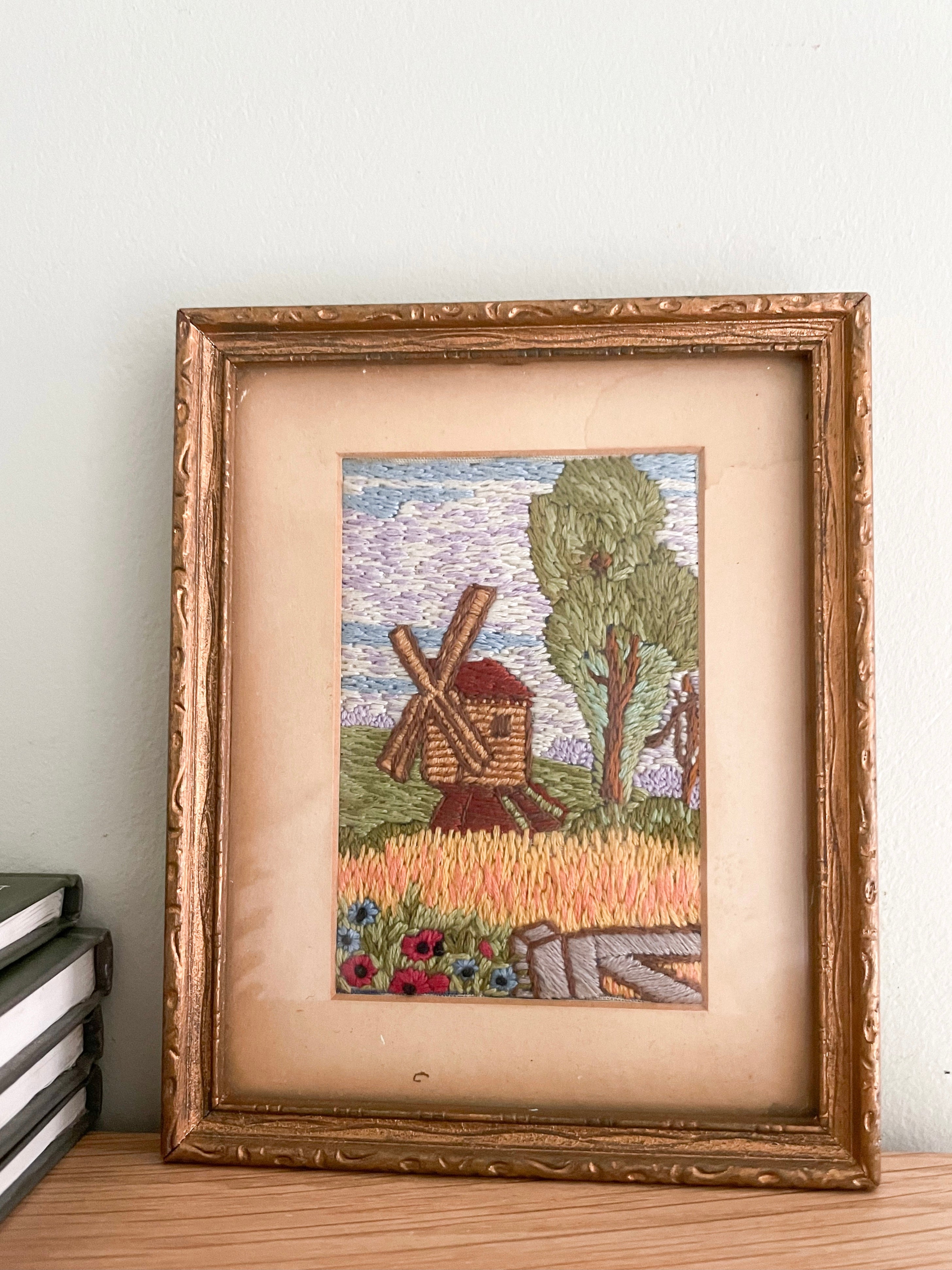 Vintage framed embroidery of a Dutch windmill and corn and poppy field - Moppet