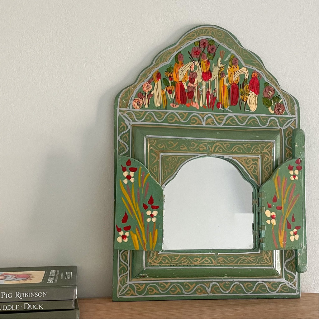 Vintage Moroccan green and gold hand painted arched window mirror with doors - Moppet