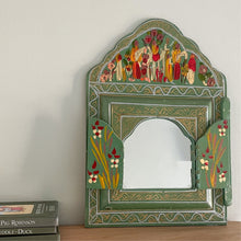 Load image into Gallery viewer, Vintage Moroccan green and gold hand painted arched window mirror with doors - Moppet

