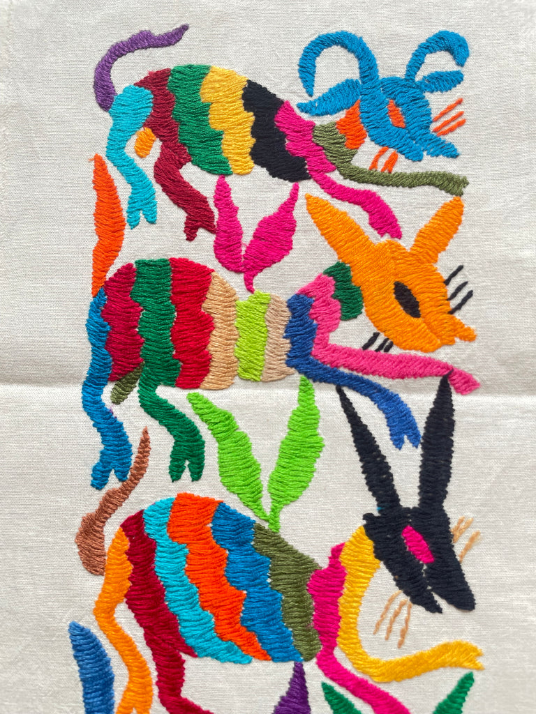 Vintage hand-embroidered Mexican Otomi folk art wall-hanging tapestry - Moppet