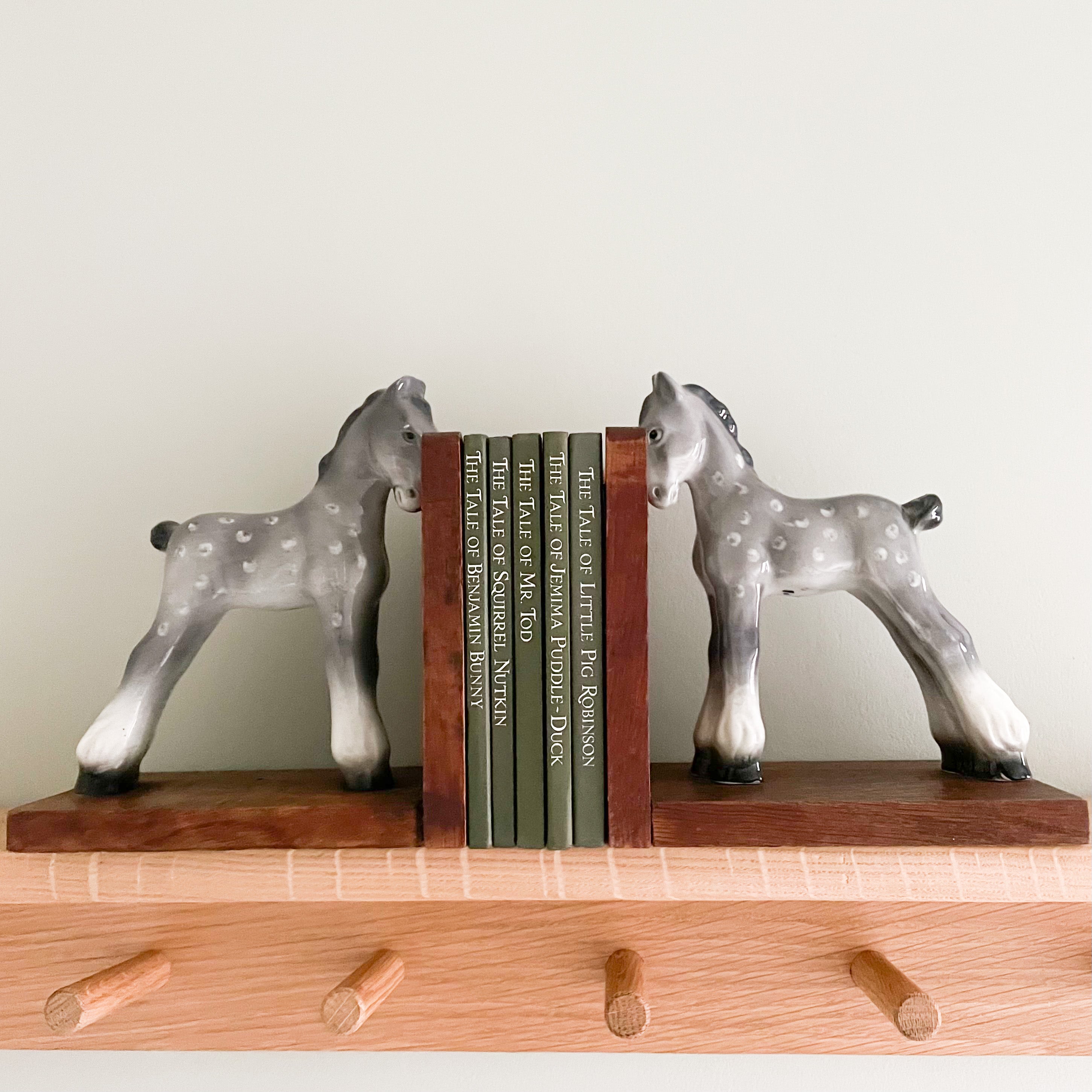 Pair of rare vintage 1960s ceramic china and wooden grey spotty pony/horse/foal bookends - Moppet
