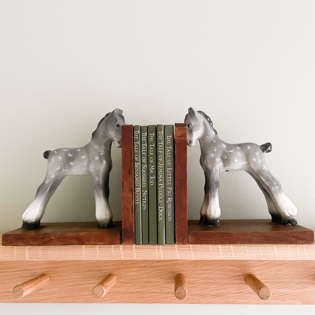 Pair of rare vintage 1960s ceramic china and wooden grey spotty pony/horse/foal bookends - Moppet