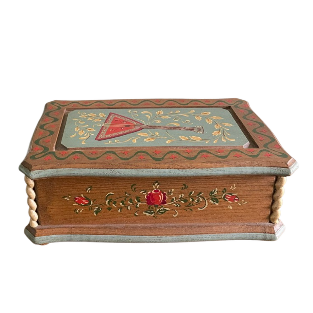 Vintage 1950s Italian hand-carved and painted wooden music box with mandolin motif - Moppet