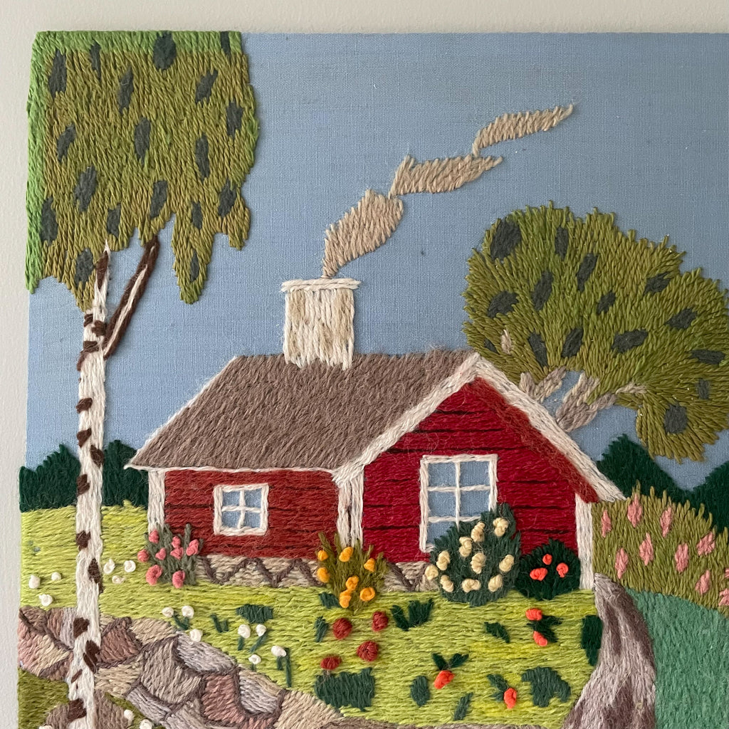 Vintage Swedish handmade woollen embroidery of a Swedish red cottage - Moppet