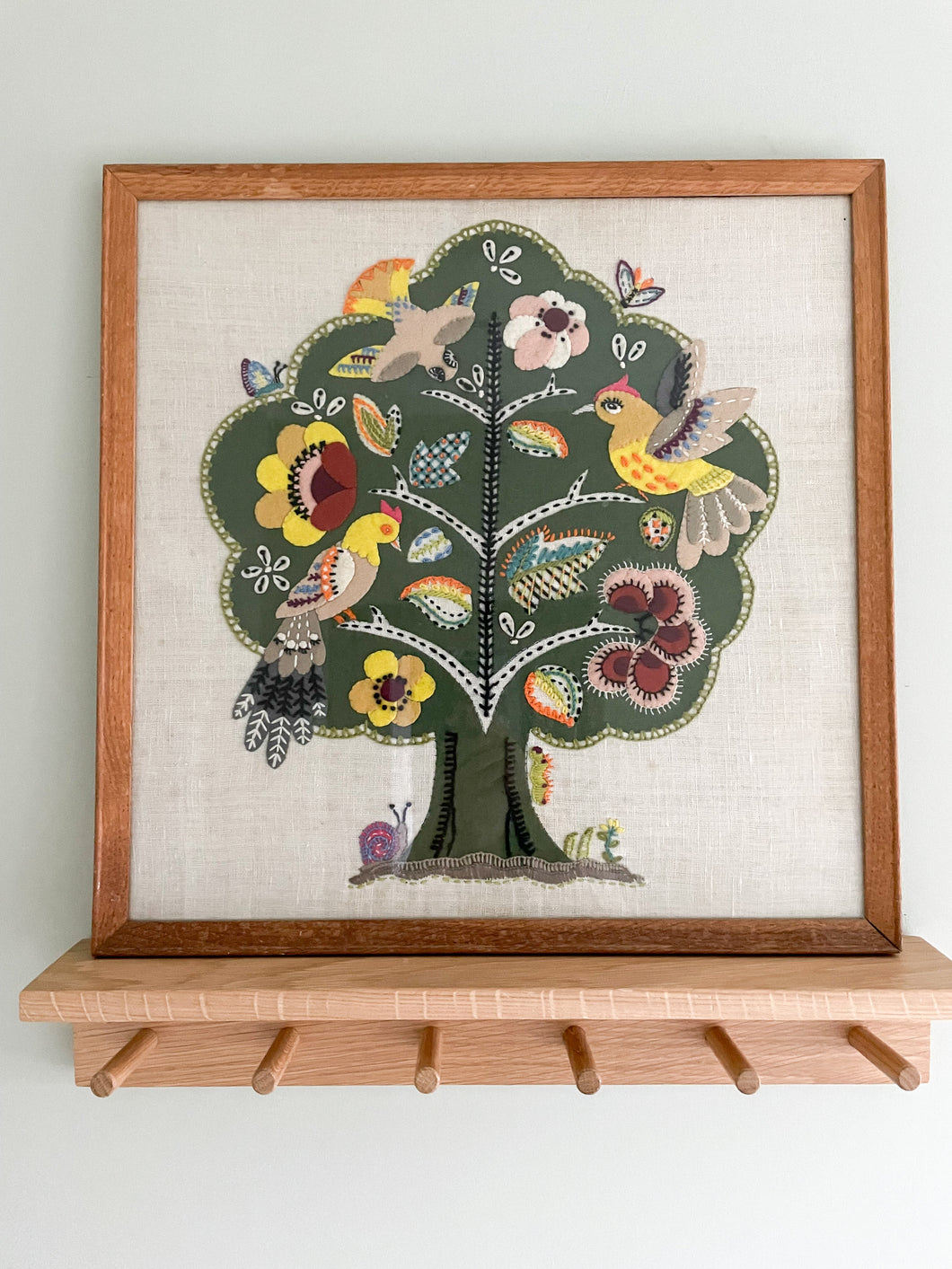 Vintage 1970s felt and hand-embroidered picture of a tree with birds and minibeasts - Moppet