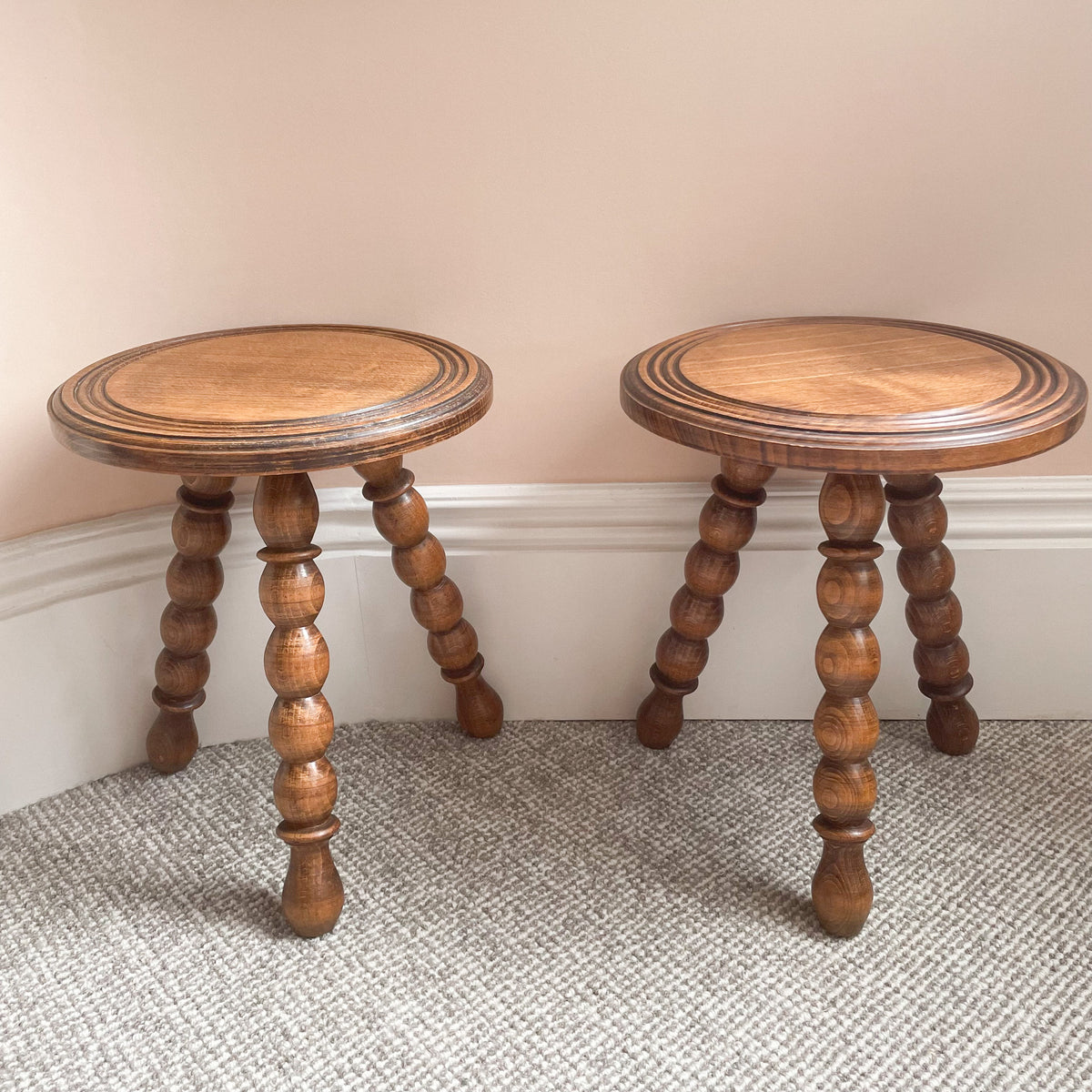 Pair of vintage French oak ‘gypsy’ bobbin stools