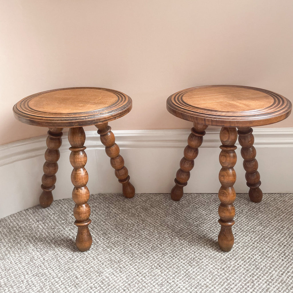 Pair of vintage French oak ‘gypsy’ bobbin stools - Moppet