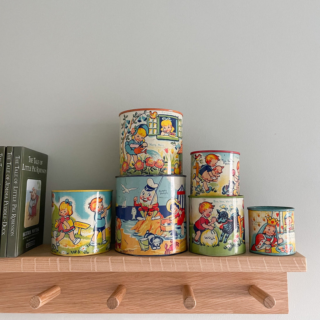 Vintage 1950s tinplate nesting and stacking cups with nursery rhymes, made by Chad Valley ‘Wee-Kin’ in England - Moppet