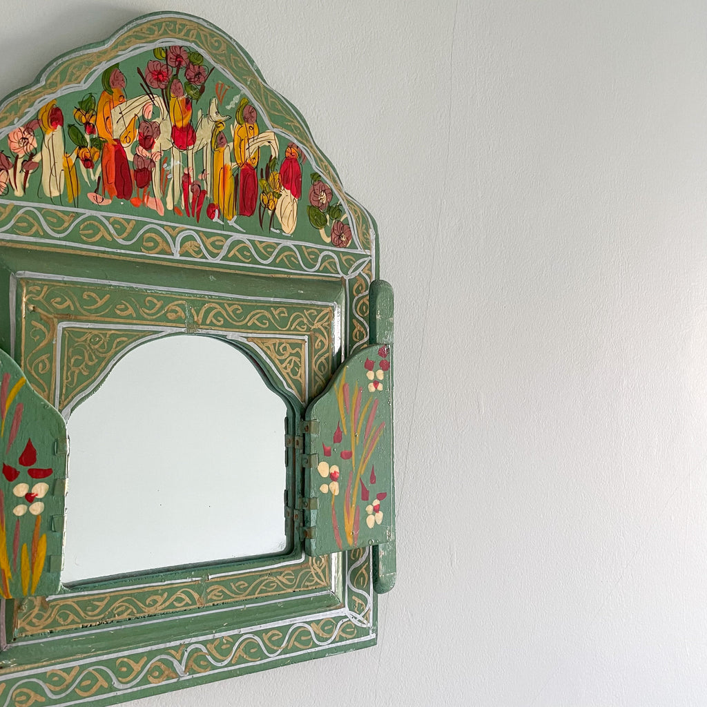 Vintage Moroccan green and gold hand painted arched window mirror with doors - Moppet