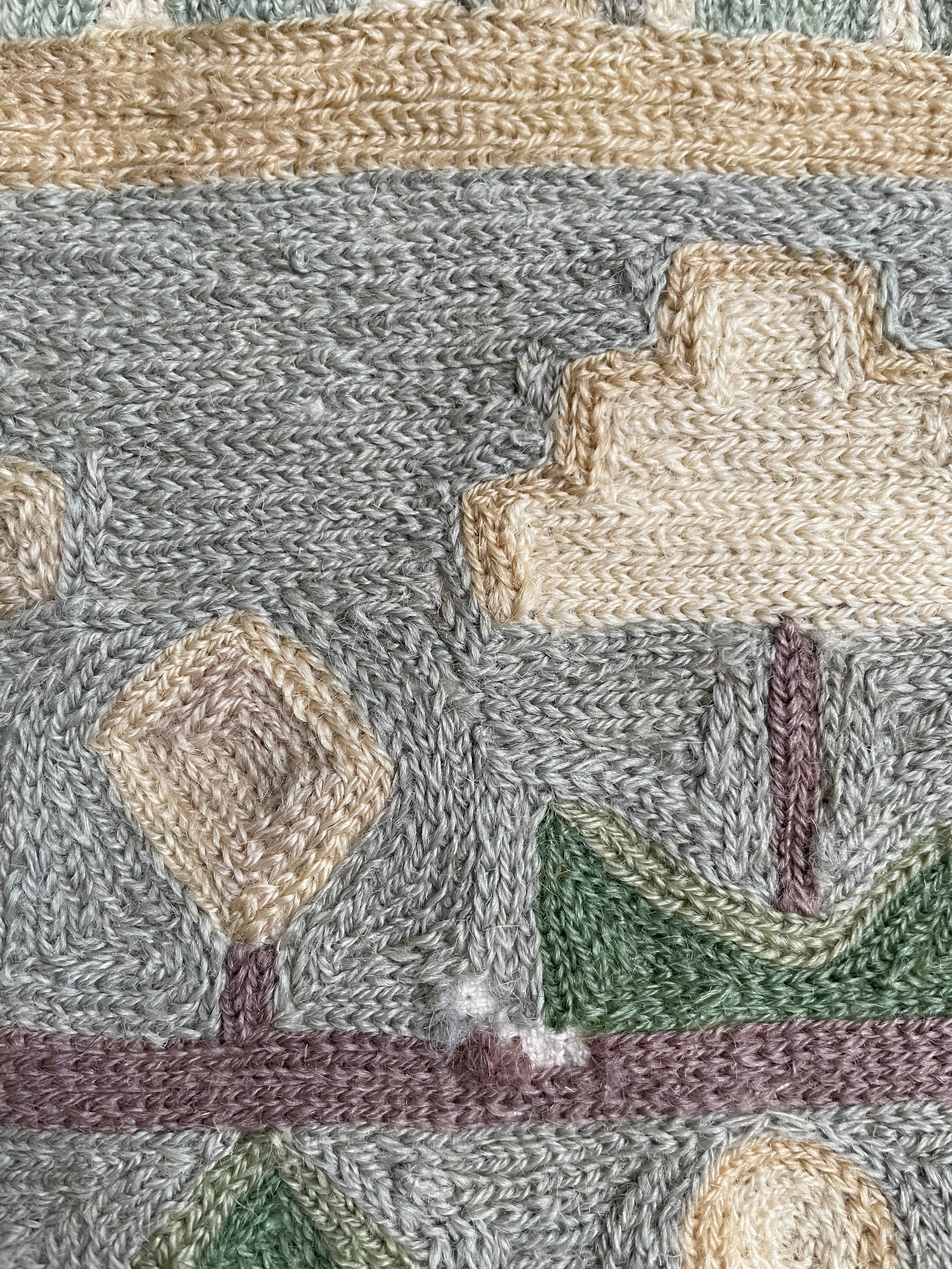 Vintage hand-embroidered crewel wall hanging of two people, a house and a garden - Moppet