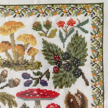 Load image into Gallery viewer, Vintage framed cross-stich embroidery or needlework of woodland forest toadstools/mushrooms/fungi and berries - Moppet

